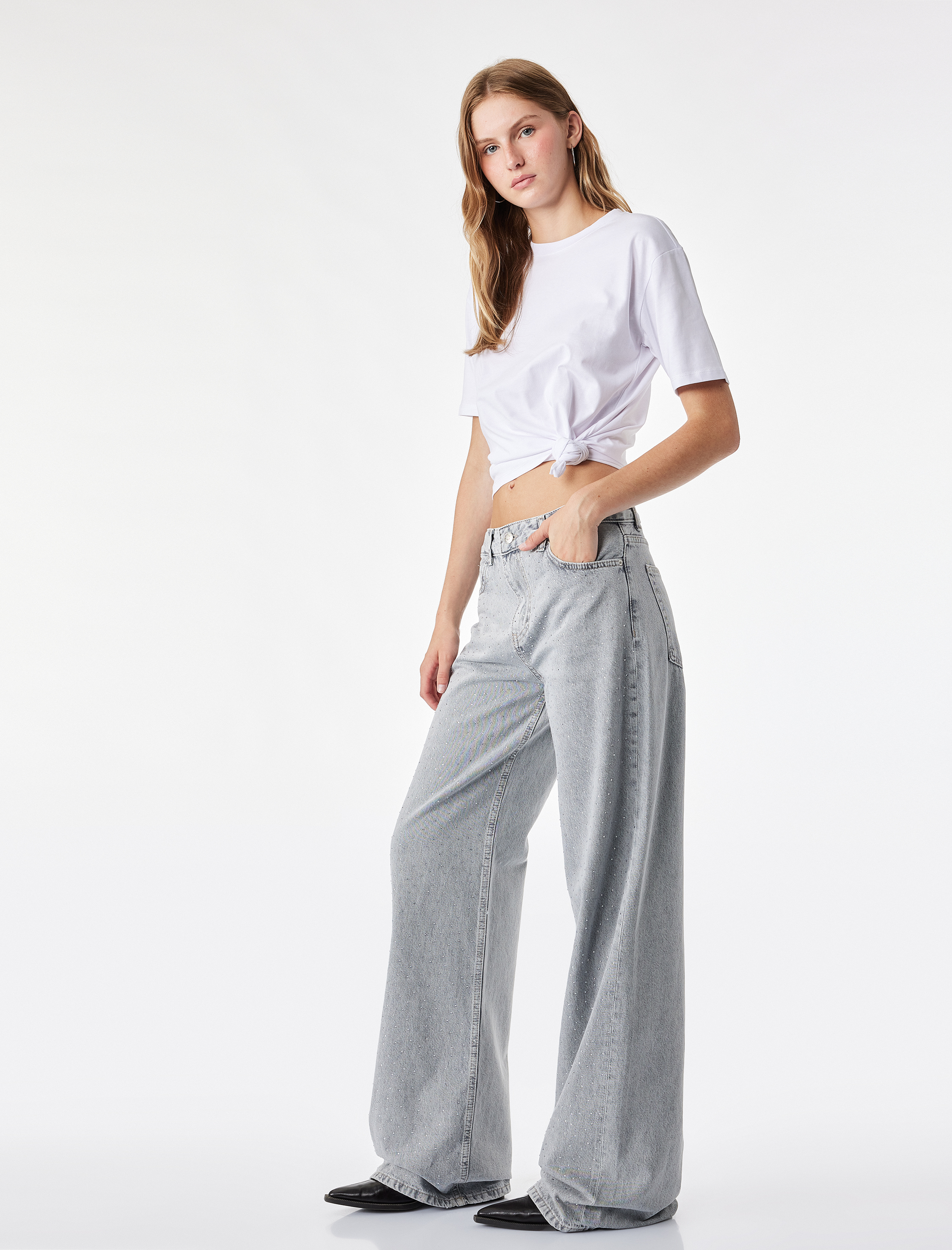   Taş Detaylı Yıkamalı Normal Bel Pamuklu Geniş Paça Denim Pantolon -  Wide Leg Jeans