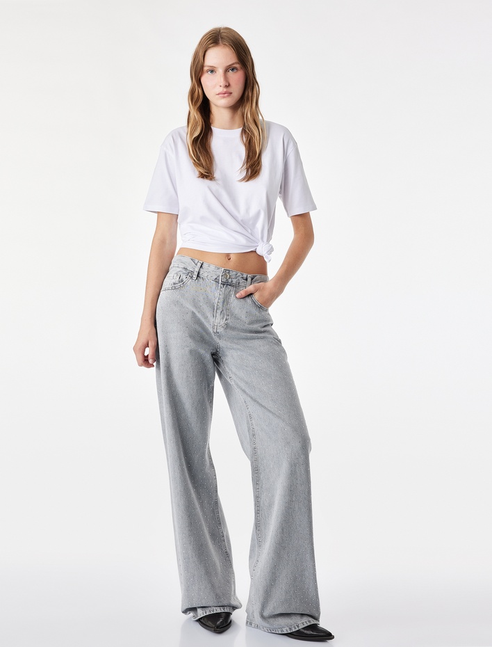  Taş Detaylı Yıkamalı Normal Bel Pamuklu Geniş Paça Denim Pantolon -  Wide Leg Jeans