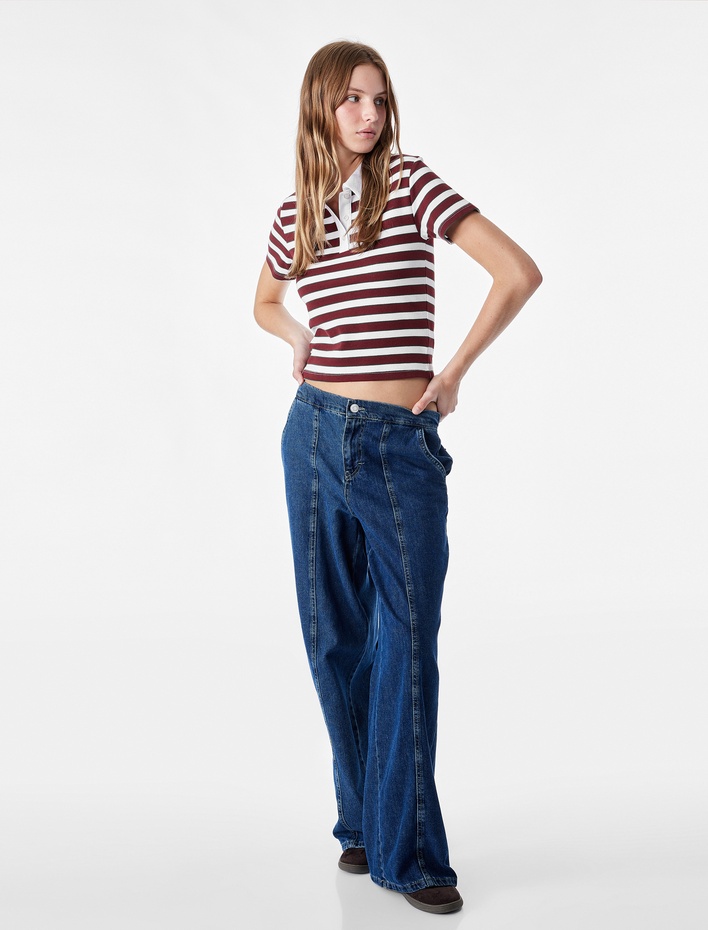  Regular Fit Kısa Kollu Düğmeli Modal Karışımlı Polo Yaka Çizgili Tişört