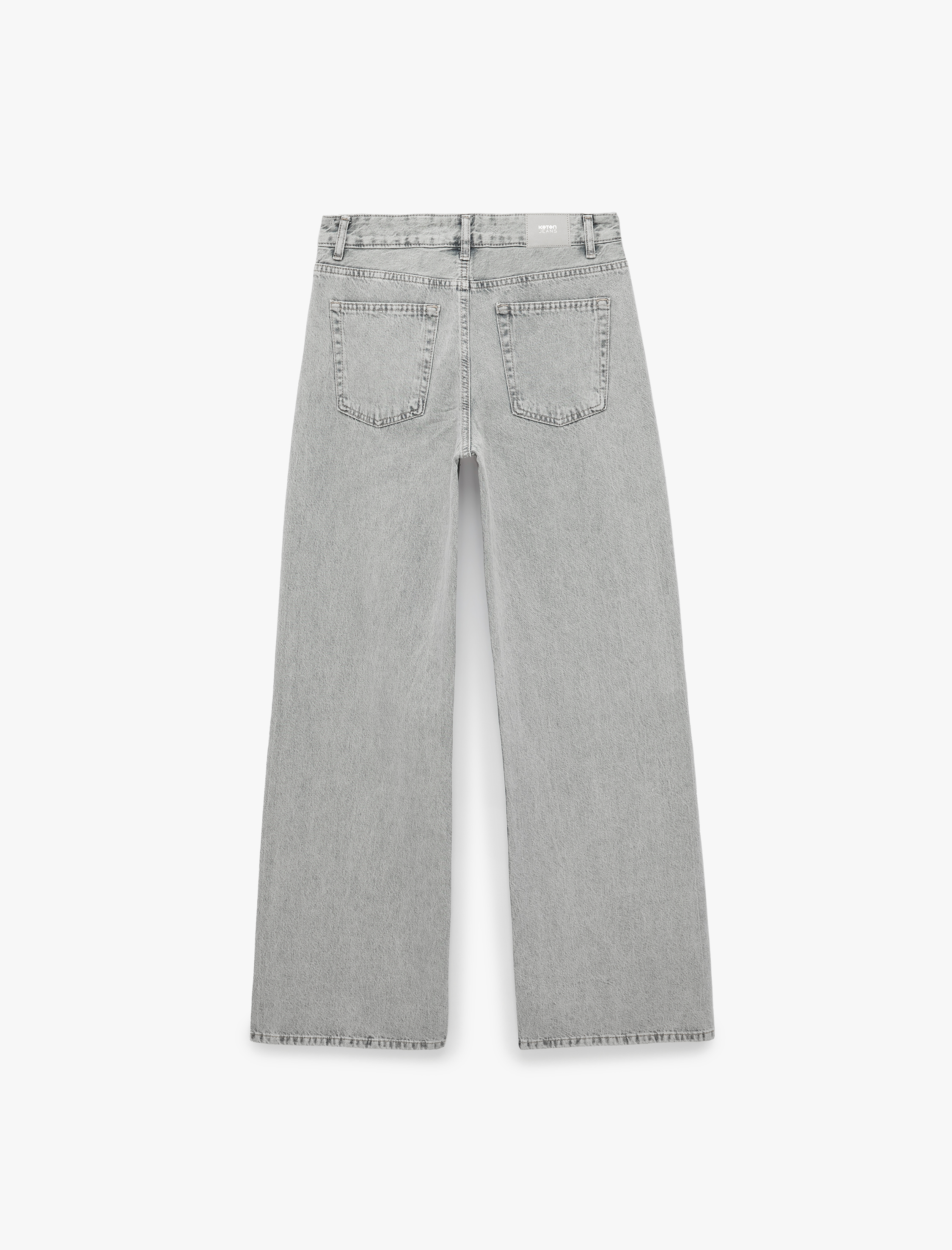   Taş Detaylı Yıkamalı Normal Bel Pamuklu Geniş Paça Denim Pantolon -  Wide Leg Jeans