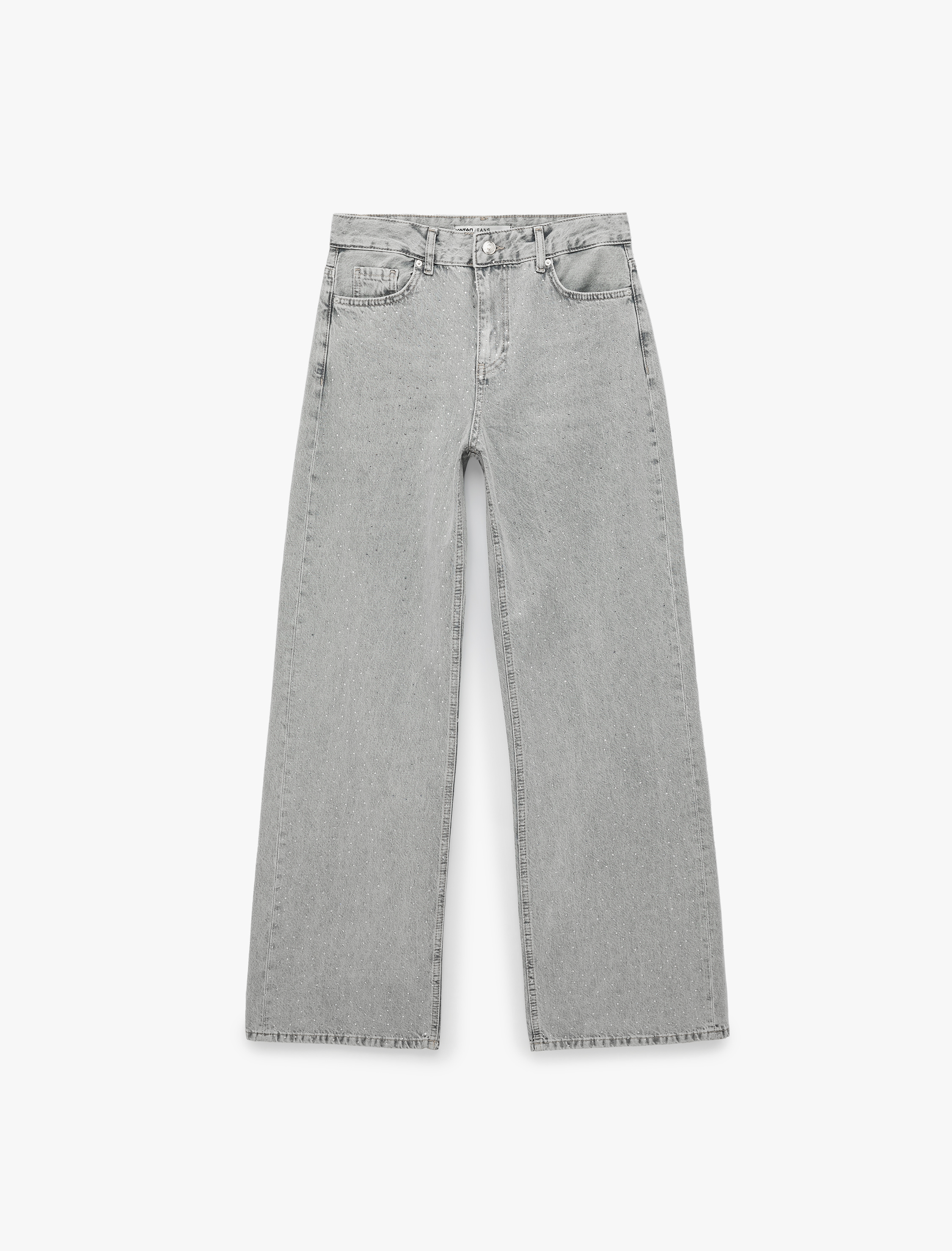   Taş Detaylı Yıkamalı Normal Bel Pamuklu Geniş Paça Denim Pantolon -  Wide Leg Jeans
