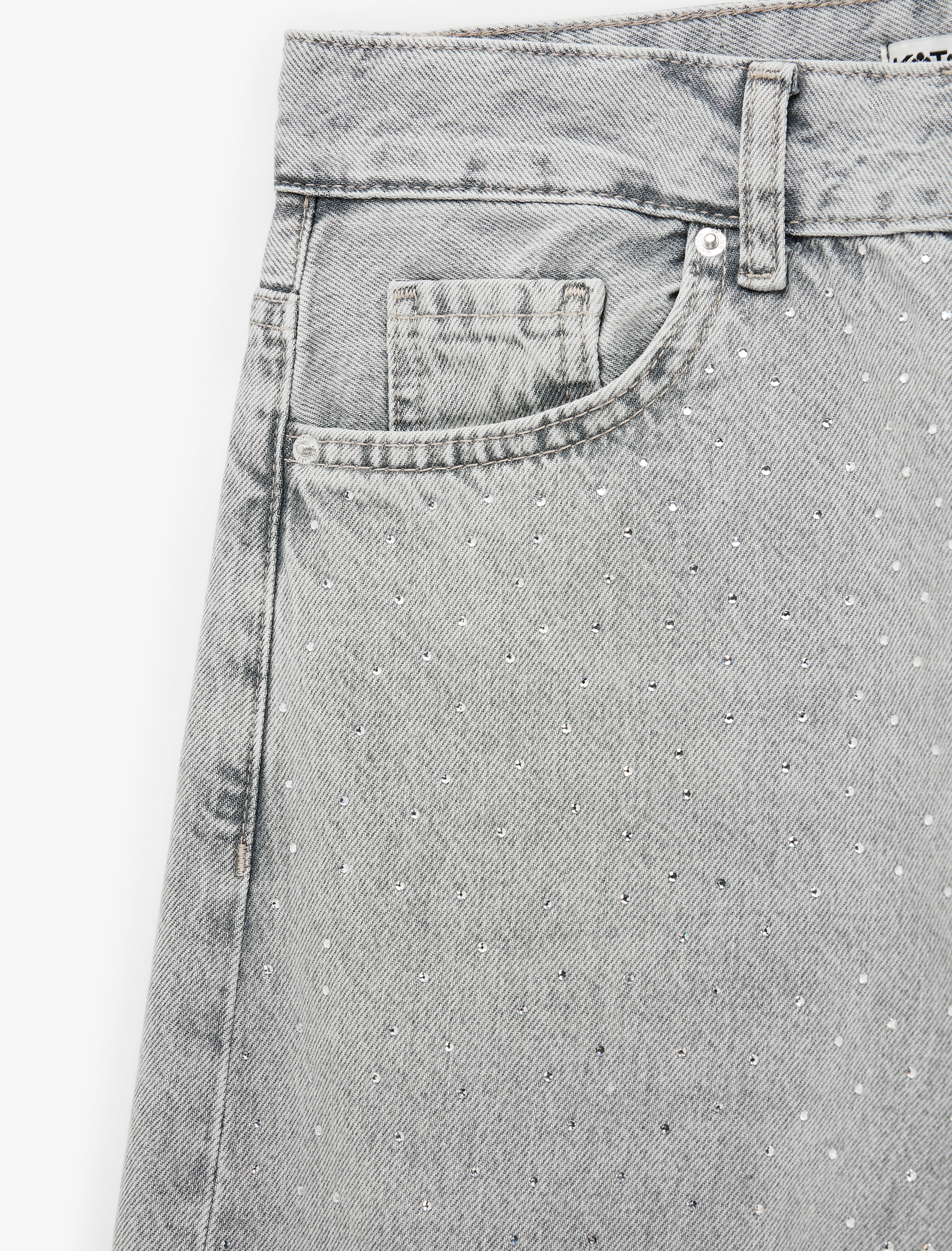   Taş Detaylı Yıkamalı Normal Bel Pamuklu Geniş Paça Denim Pantolon -  Wide Leg Jeans