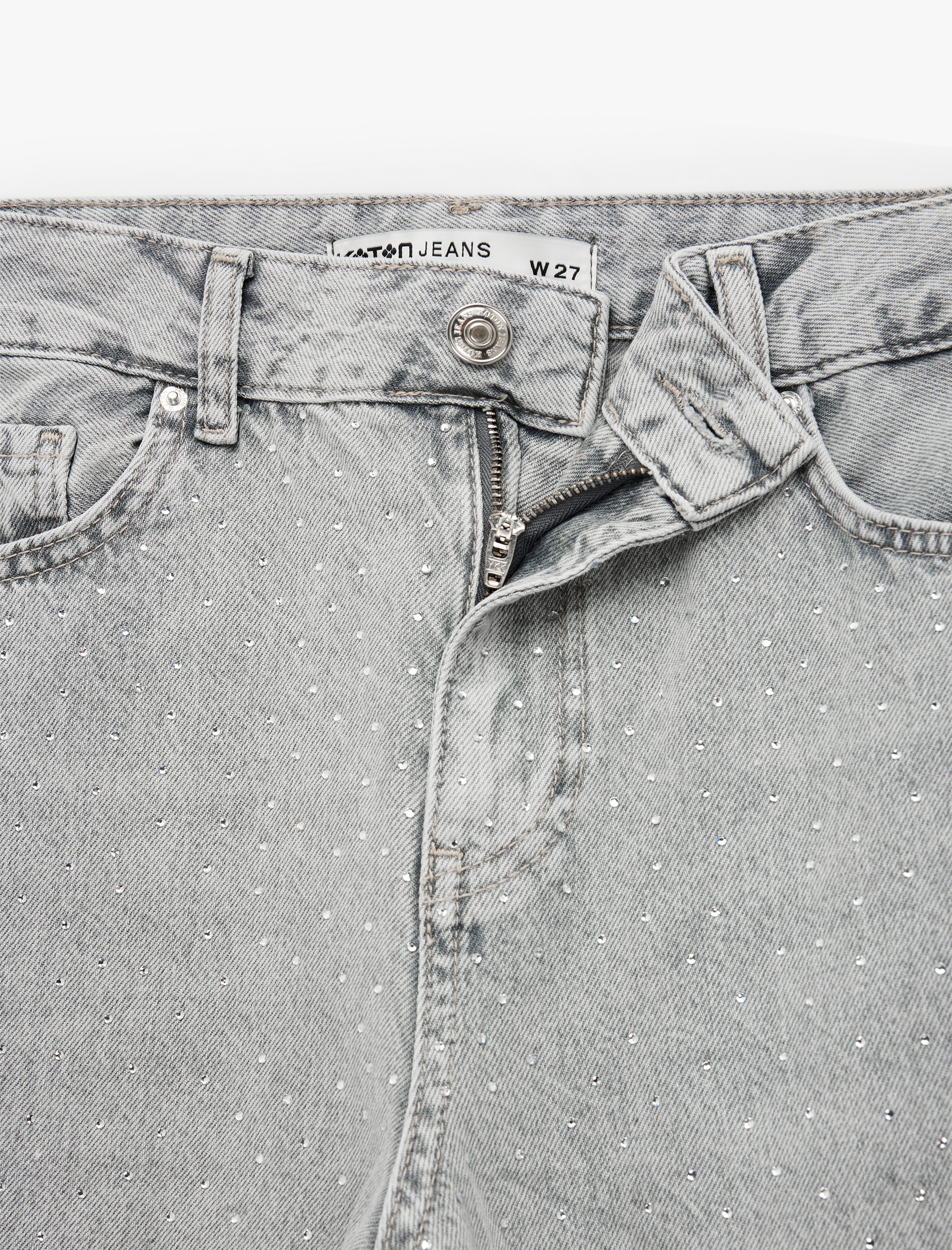   Taş Detaylı Yıkamalı Normal Bel Pamuklu Geniş Paça Denim Pantolon -  Wide Leg Jeans