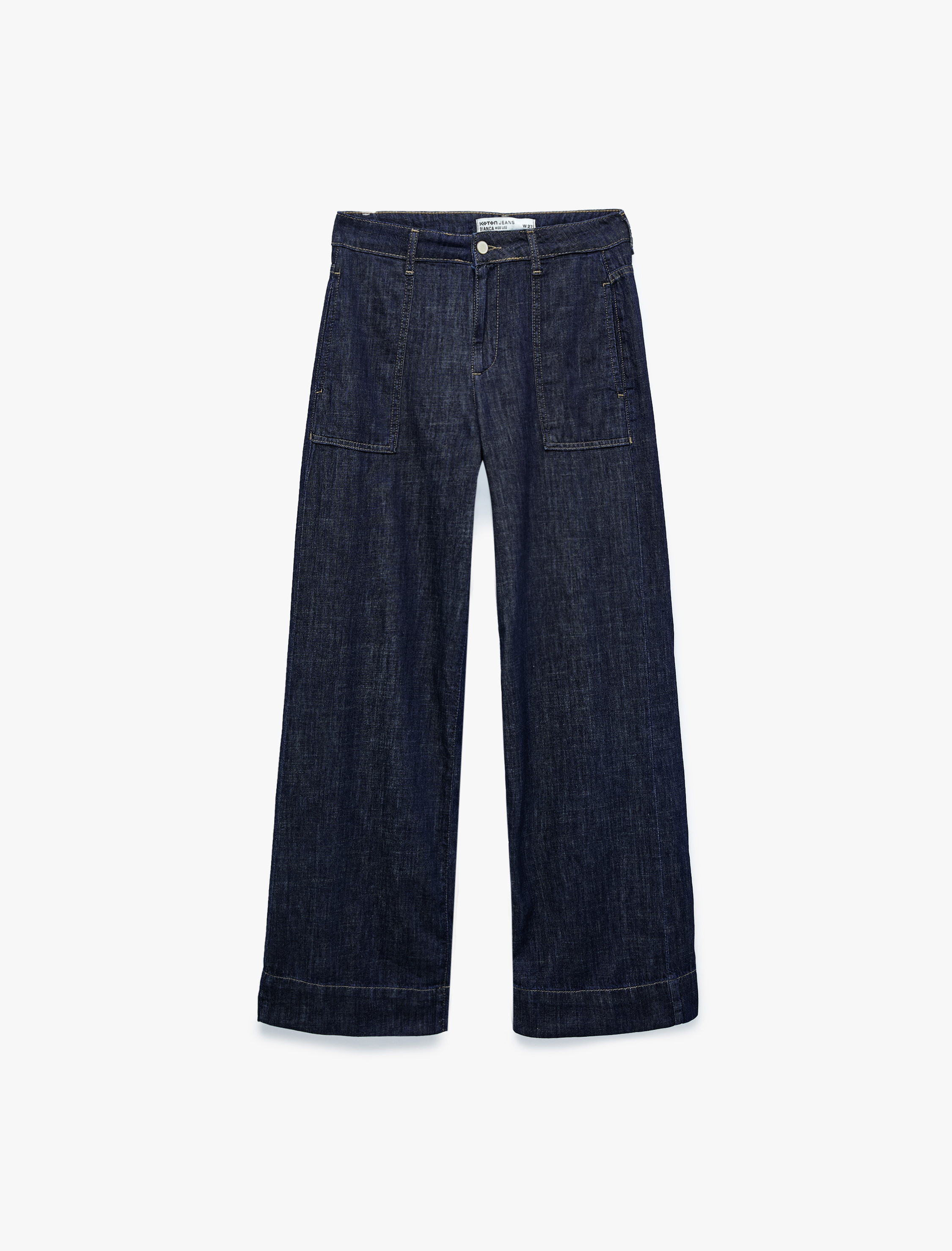   Pamuklu Normal Bel Cepli Katlamalı Geniş Paça Denim Pantolon - Wide Leg Jeans