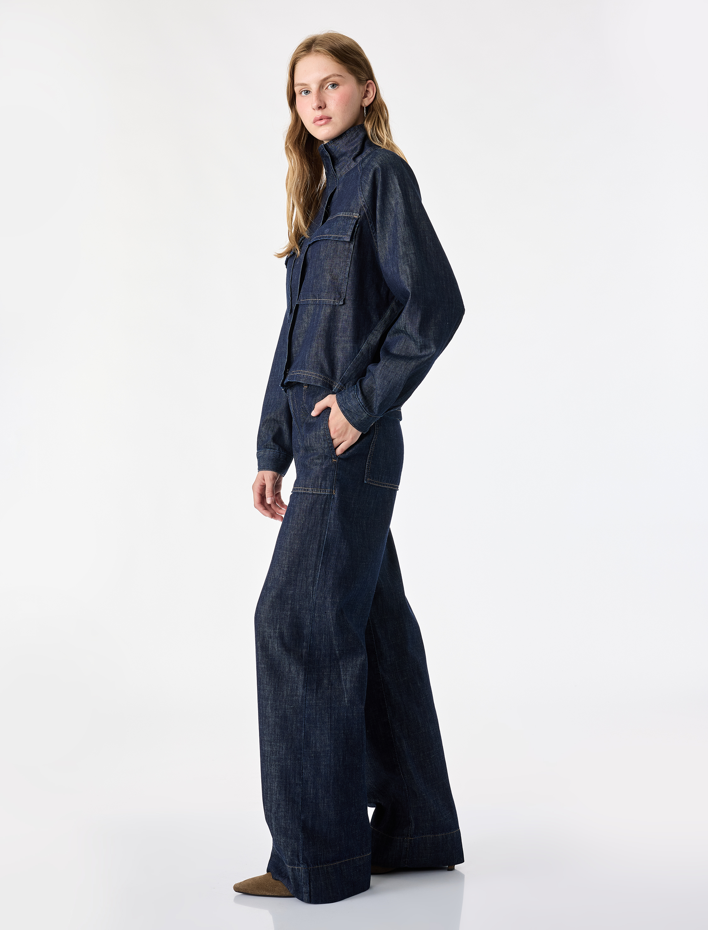   Pamuklu Normal Bel Cepli Katlamalı Geniş Paça Denim Pantolon - Wide Leg Jeans