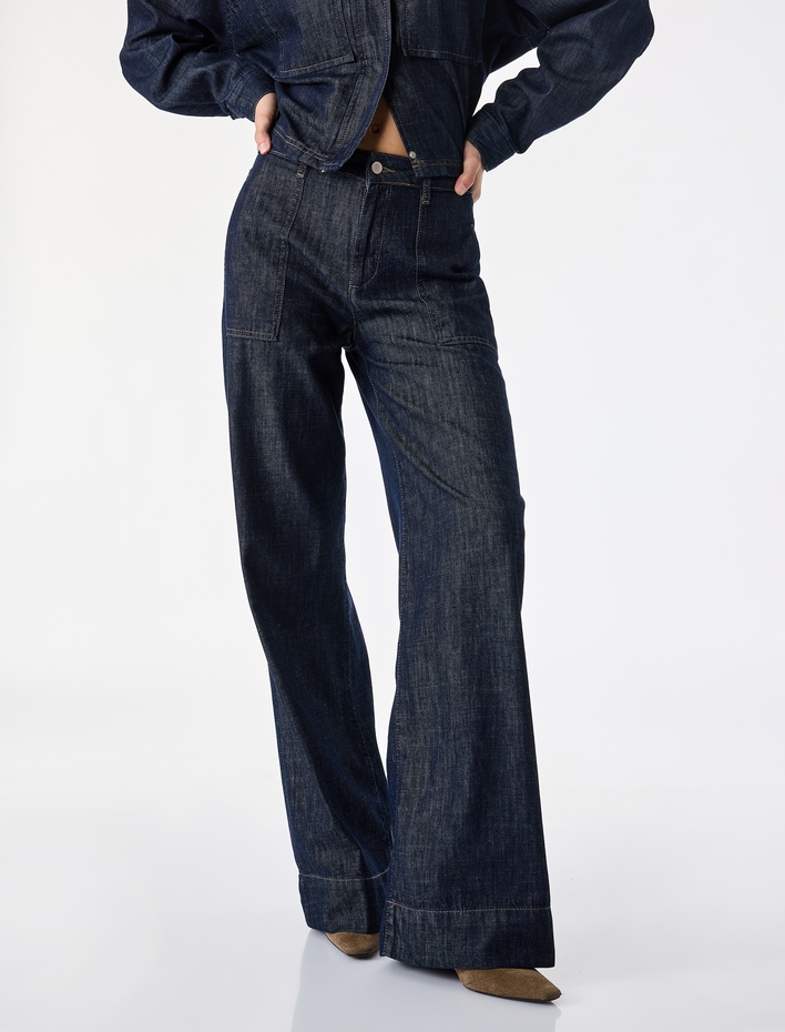  Pamuklu Normal Bel Cepli Katlamalı Geniş Paça Denim Pantolon - Wide Leg Jeans