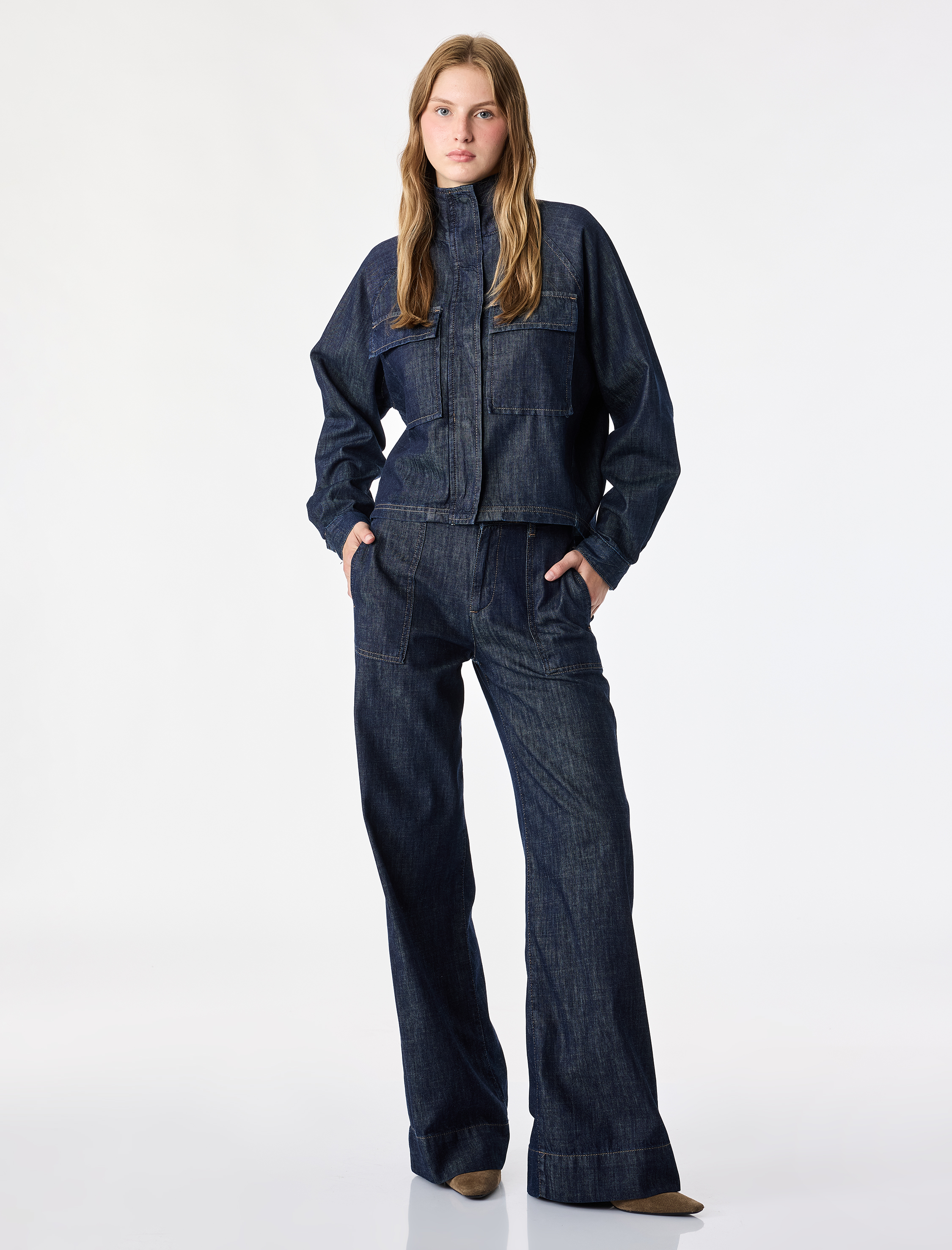   Pamuklu Normal Bel Cepli Katlamalı Geniş Paça Denim Pantolon - Wide Leg Jeans