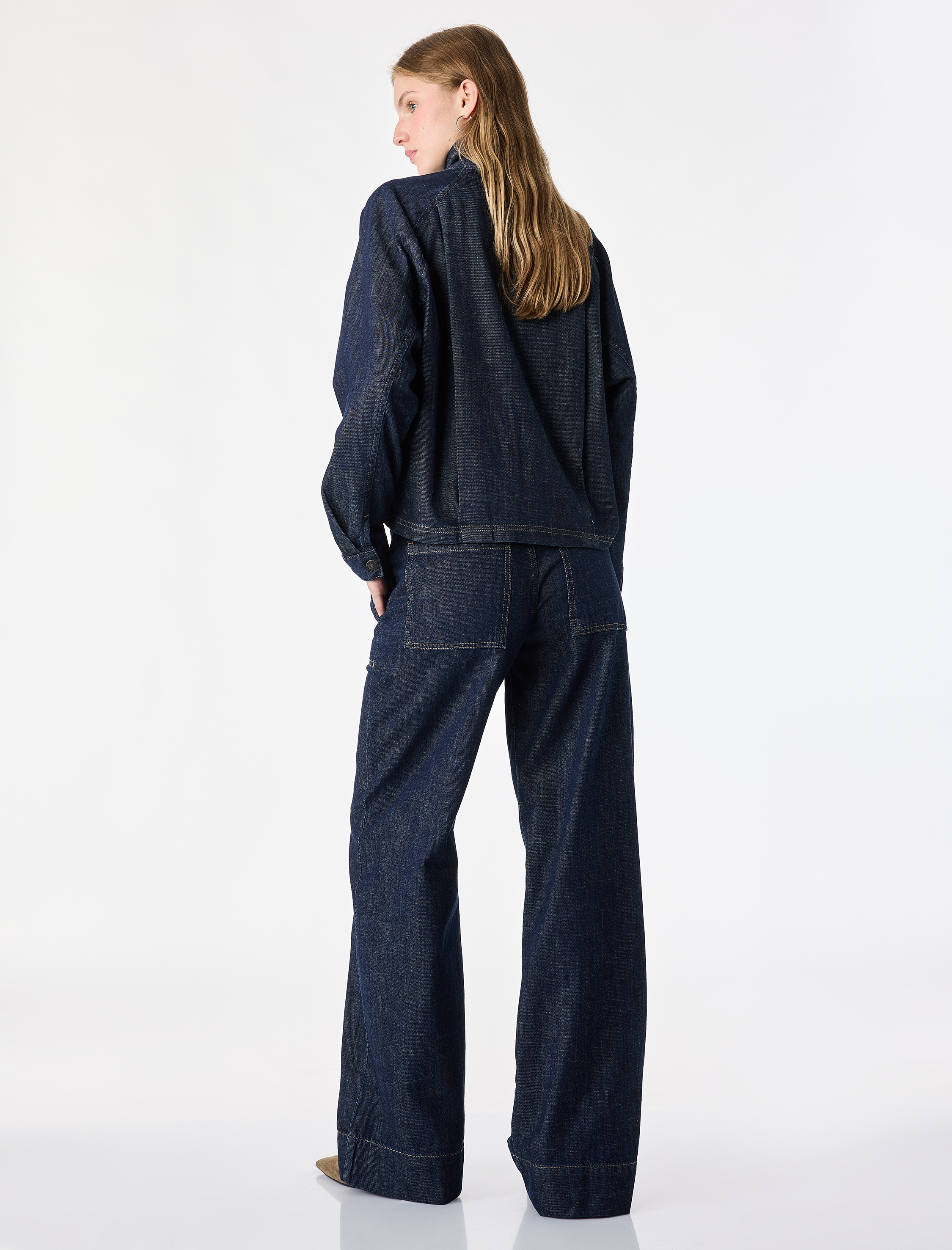   Pamuklu Normal Bel Cepli Katlamalı Geniş Paça Denim Pantolon - Wide Leg Jeans