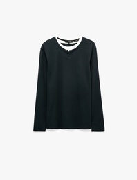 Pamuklu Pike Kumaş Hakim Yaka Uzun Kollu Sweatshirt
