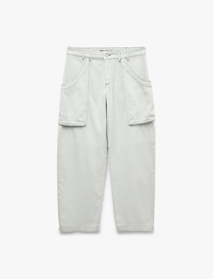  Düşük Bel Dikiş Detaylı Pamuklu Cepli Normal Paça Baggy Pantolon - Baggy Jeans