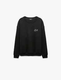 Pamuklu Şardonlu Bisiklet Yaka Uzun Kollu Baskılı Sweatshirt