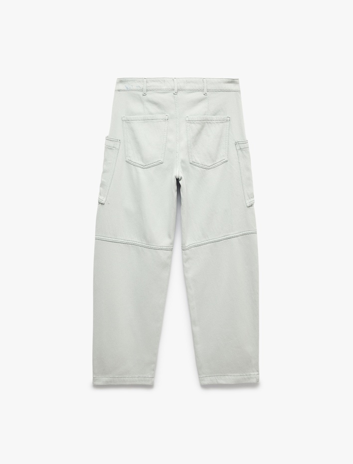  Düşük Bel Dikiş Detaylı Pamuklu Cepli Normal Paça Baggy Pantolon - Baggy Jeans