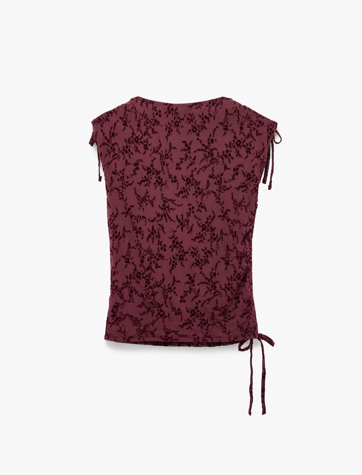  Slim Fit Büzgülü Kayık Yaka Kolsuz Dantel İşlemeli Tül Bluz