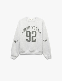 Rahat Kalıp Üç İplik Şardonlu Bisiklet Yaka Uzun Kollu Yıldız Baskılı Sweatshirt