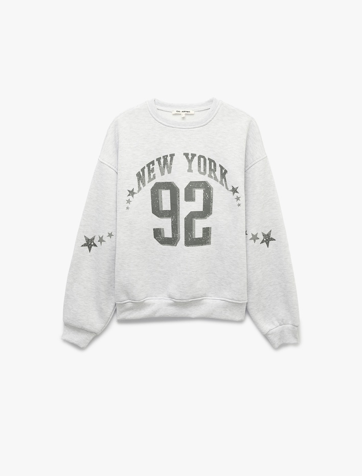  Rahat Kalıp Üç İplik Şardonlu Bisiklet Yaka Uzun Kollu Yıldız Baskılı Sweatshirt