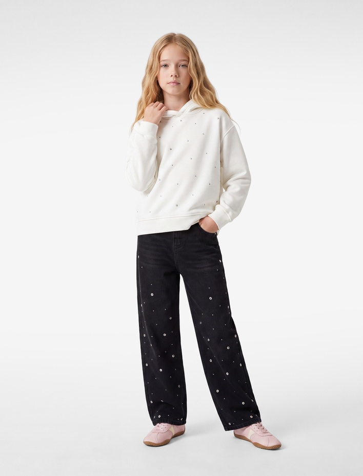 Kız Çocuk Şardonlu Uzun Kollu Oversize Kapşonlu Sweatshirt