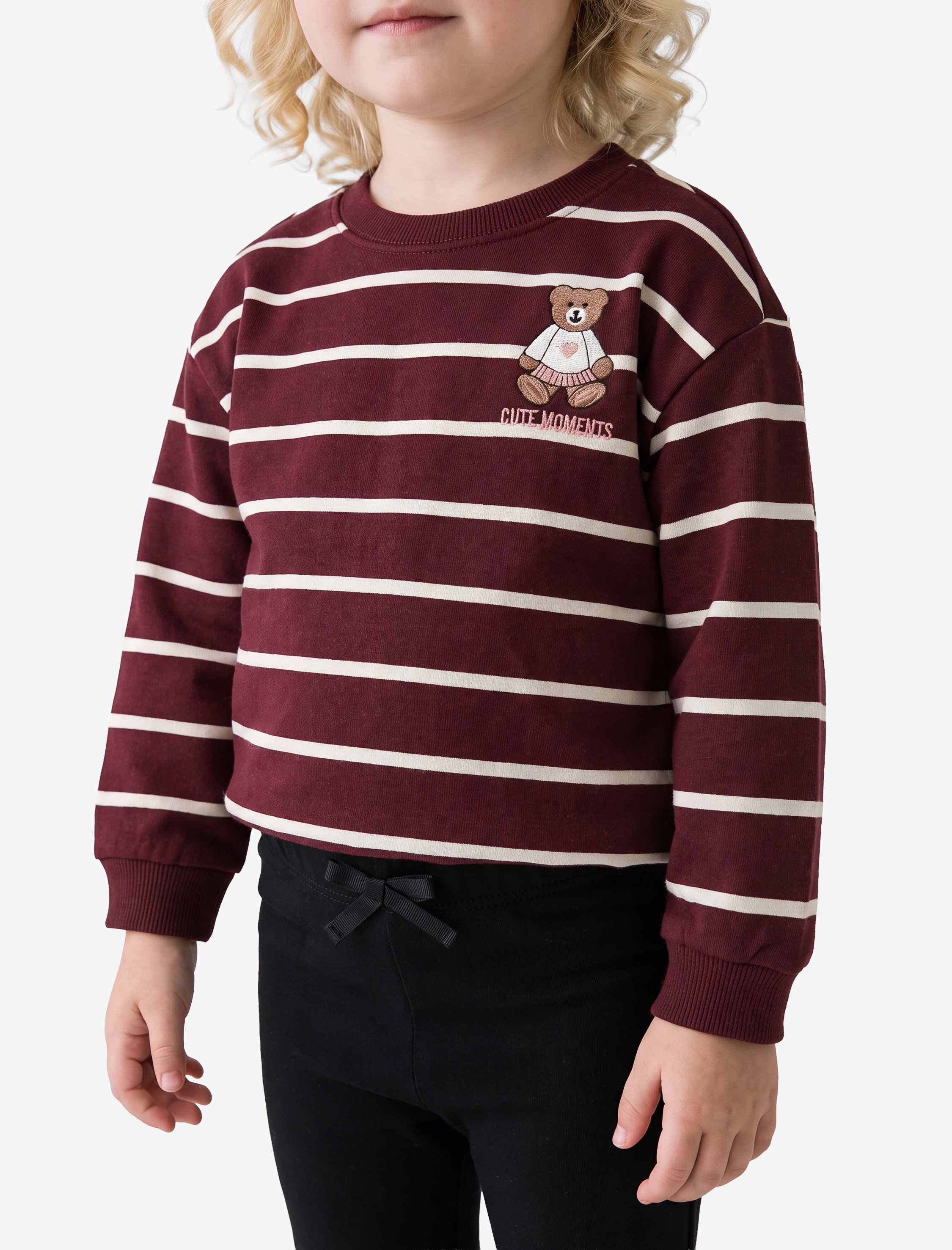  Kız Bebek Şardonlu Ayıcık Baskılı Uzun Kollu Bisiklet Yaka Çizgili Sweatshirt