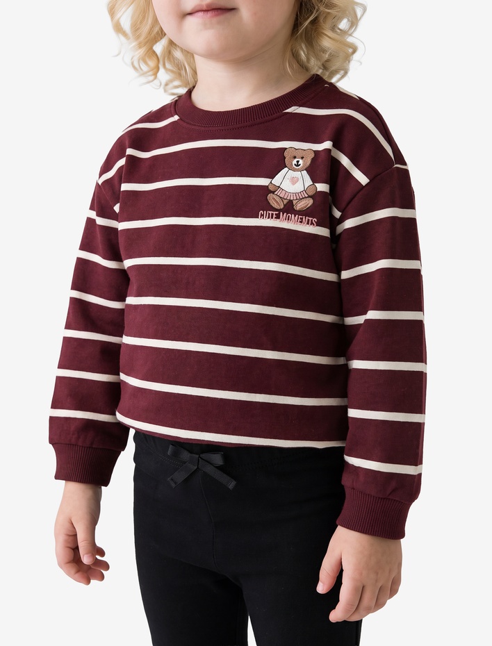 Kız Bebek Şardonlu Ayıcık Baskılı Uzun Kollu Bisiklet Yaka Çizgili Sweatshirt