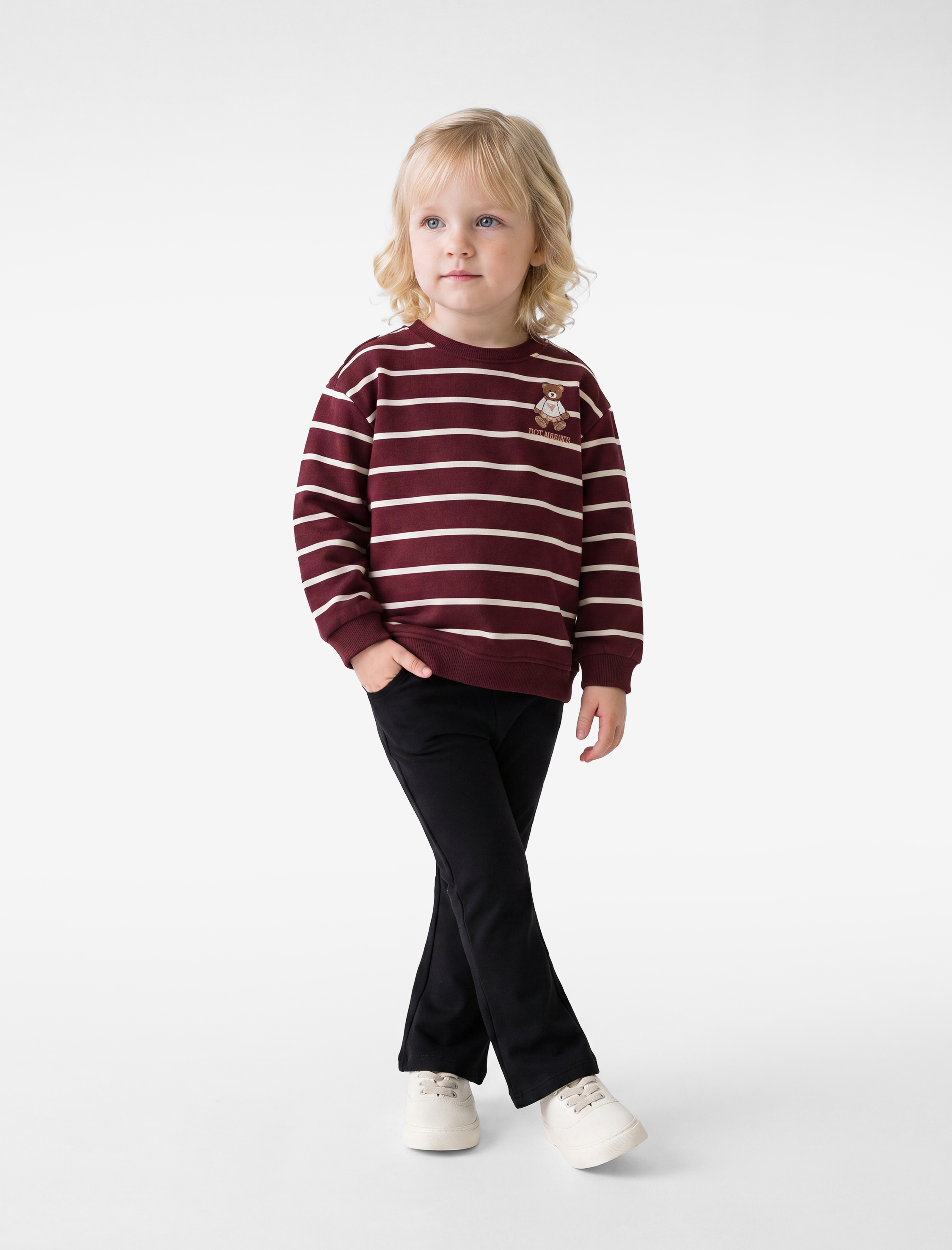  Kız Bebek Şardonlu Ayıcık Baskılı Uzun Kollu Bisiklet Yaka Çizgili Sweatshirt
