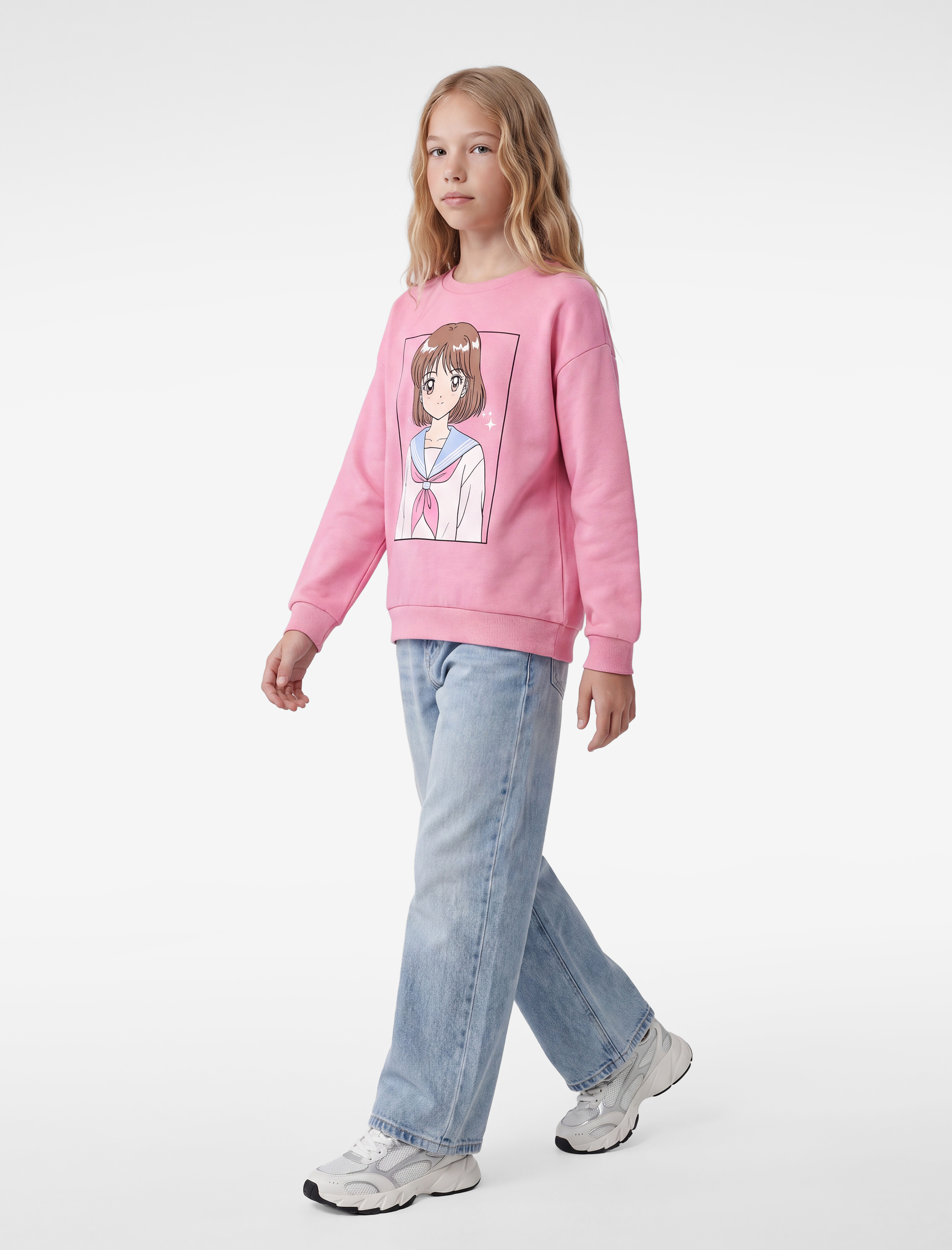  Kız Çocuk Uzun Kollu Bisiklet Yaka Şardonlu Anime Baskılı Sweatshirt