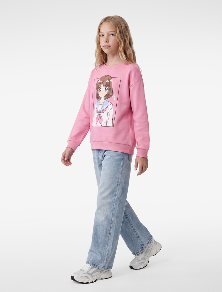 Kız Çocuk Uzun Kollu Bisiklet Yaka Şardonlu Anime Baskılı Sweatshirt
