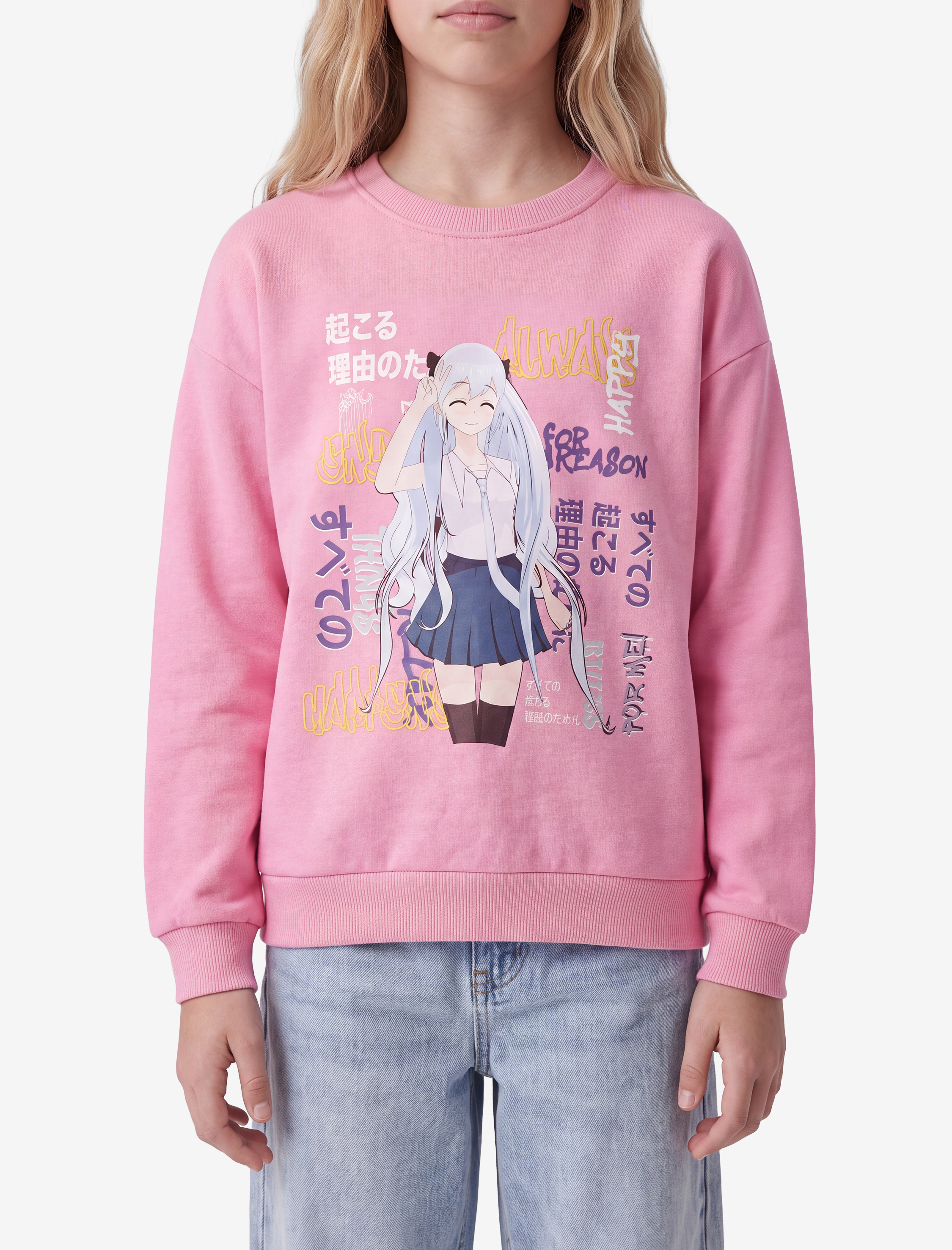  Kız Çocuk Uzun Kollu Bisiklet Yaka Şardonlu Anime Baskılı Sweatshirt
