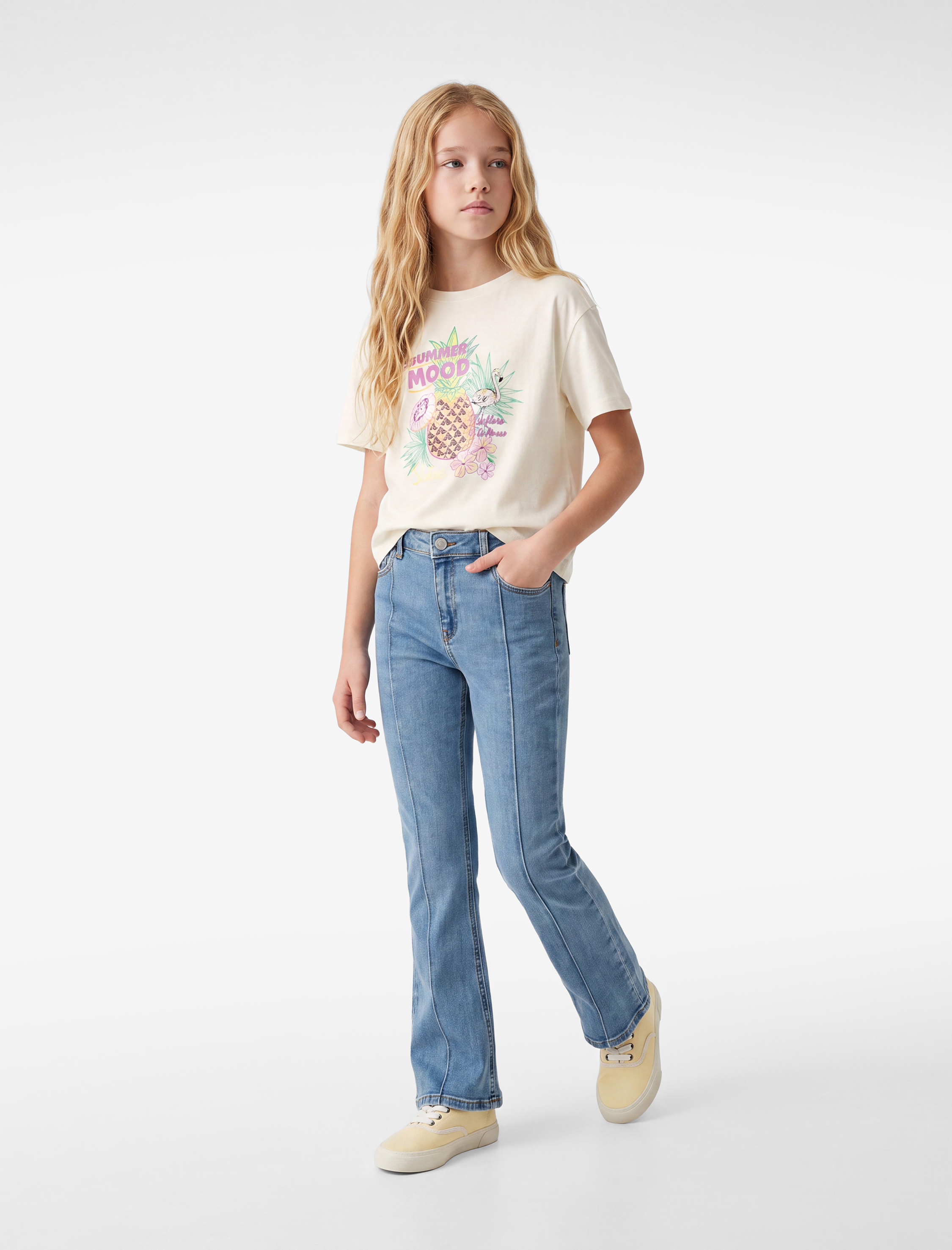  Kız Çocuk Pamuklu Cepli Slim Fit İspanyol Paça Denim Pantolon