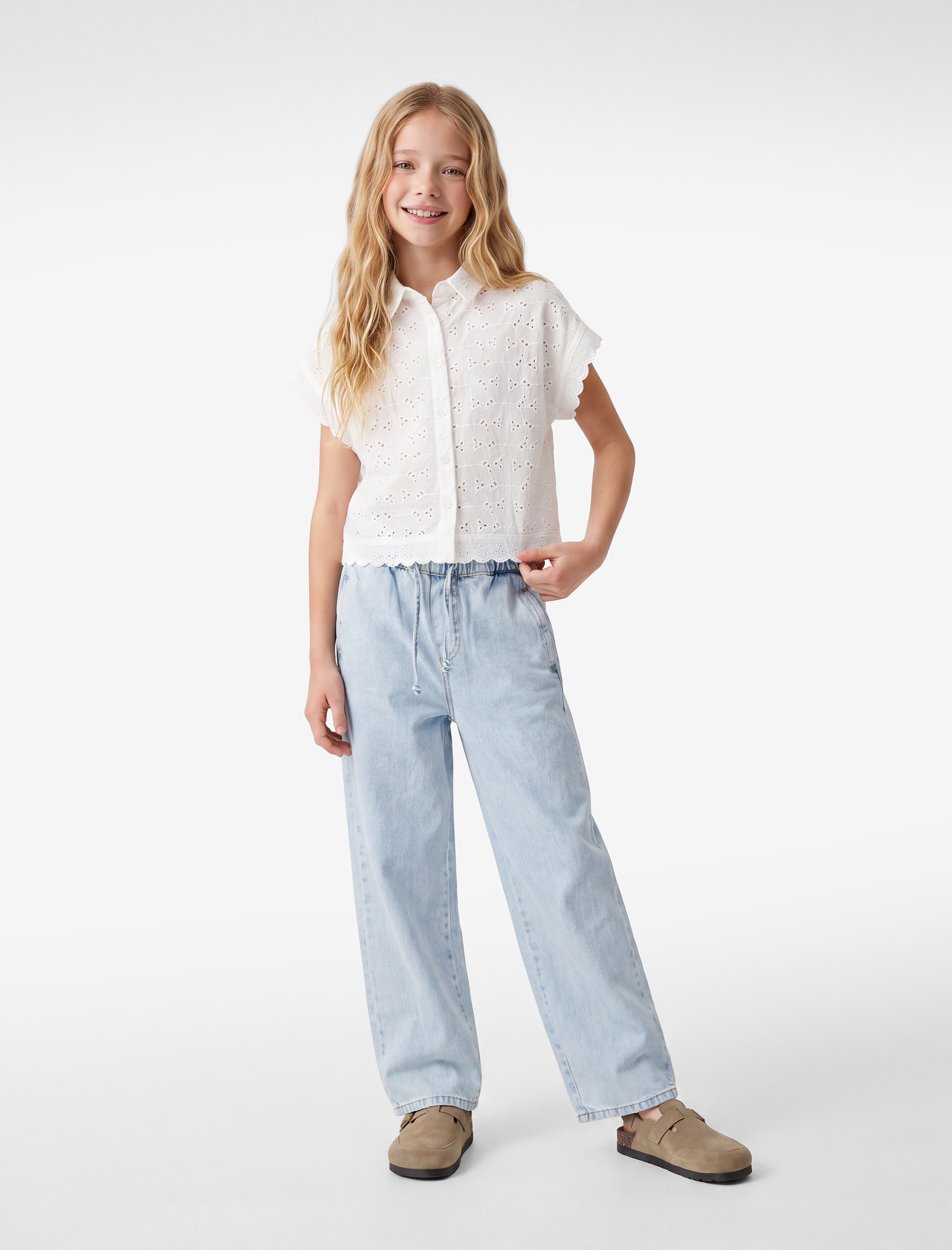  Kız Çocuk Pamuklu Beli Bağcıklı Geniş Paça Denim Pantolon
