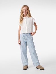 Pamuklu Beli Bağcıklı Geniş Paça Denim Pantolon