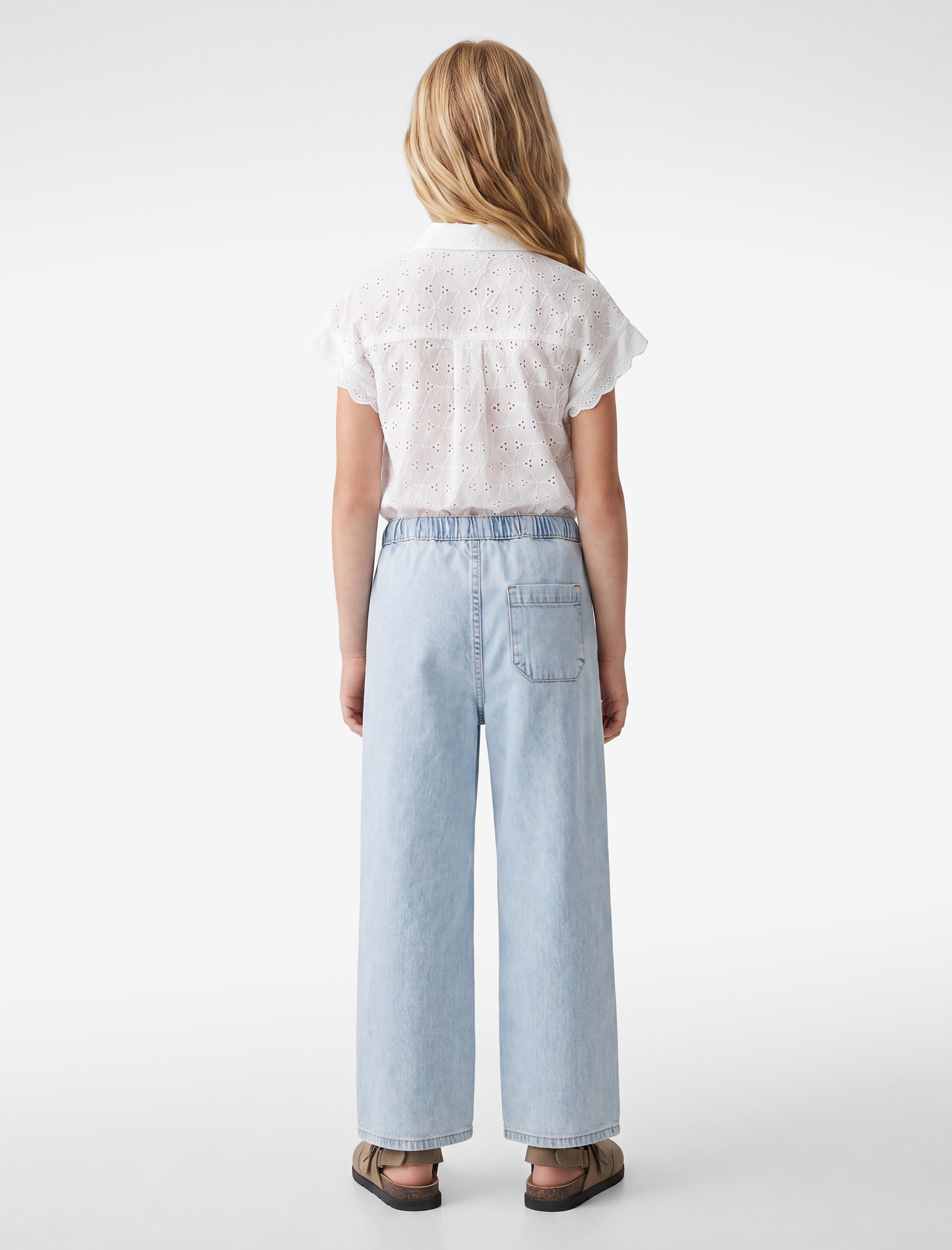  Kız Çocuk Pamuklu Beli Bağcıklı Geniş Paça Denim Pantolon