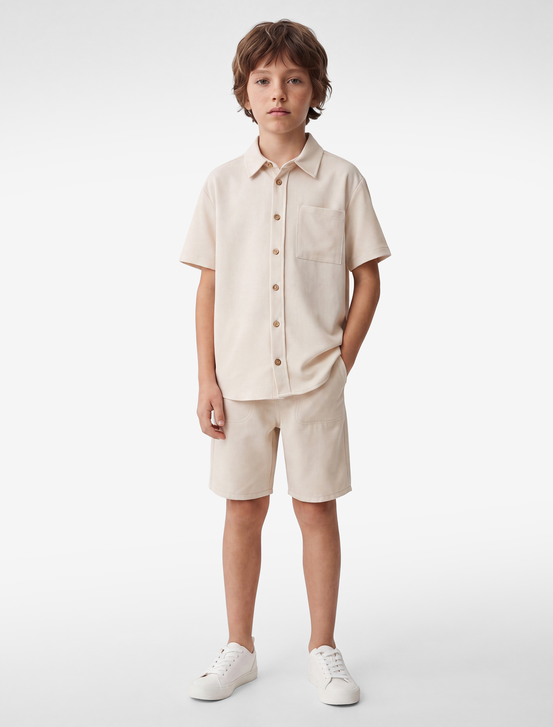  Erkek Çocuk Kısa Kollu Gömlek Yaka Oversize Basic Gömlek