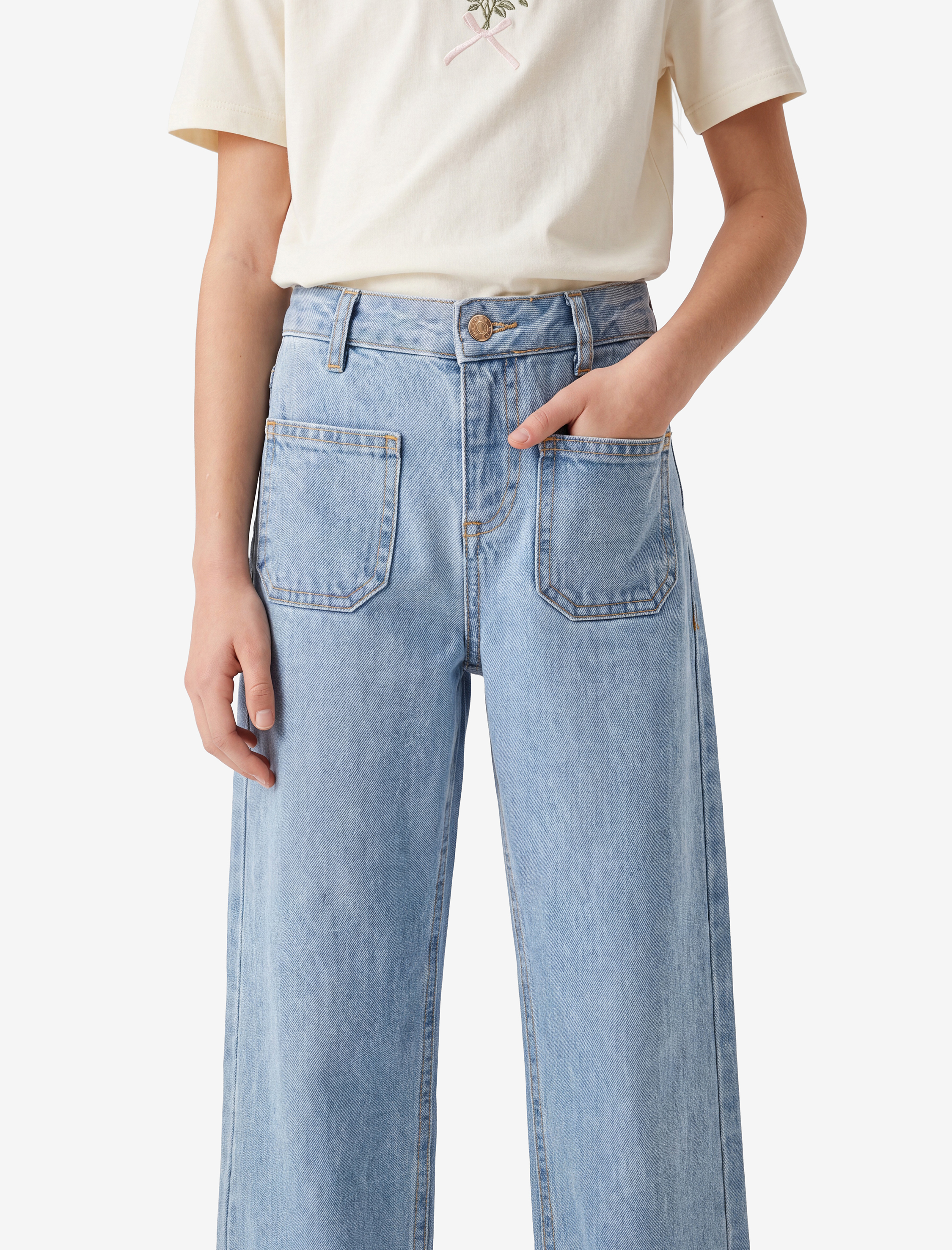  Kız Çocuk Pamuklu Rahat Kesim Geniş Paça Denim Pantolon