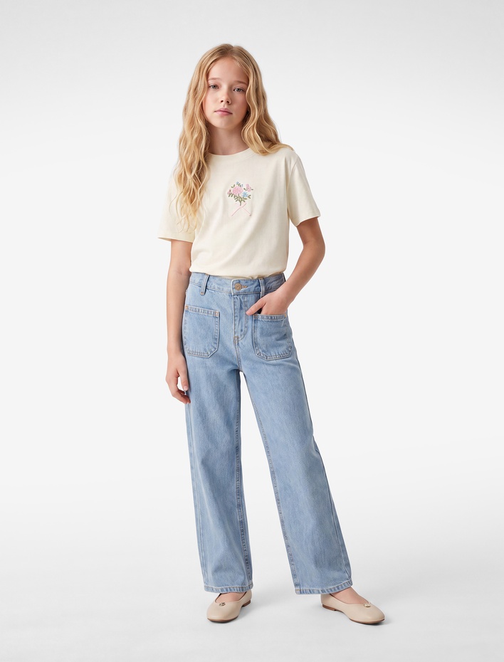 Kız Çocuk Pamuklu Rahat Kesim Geniş Paça Denim Pantolon