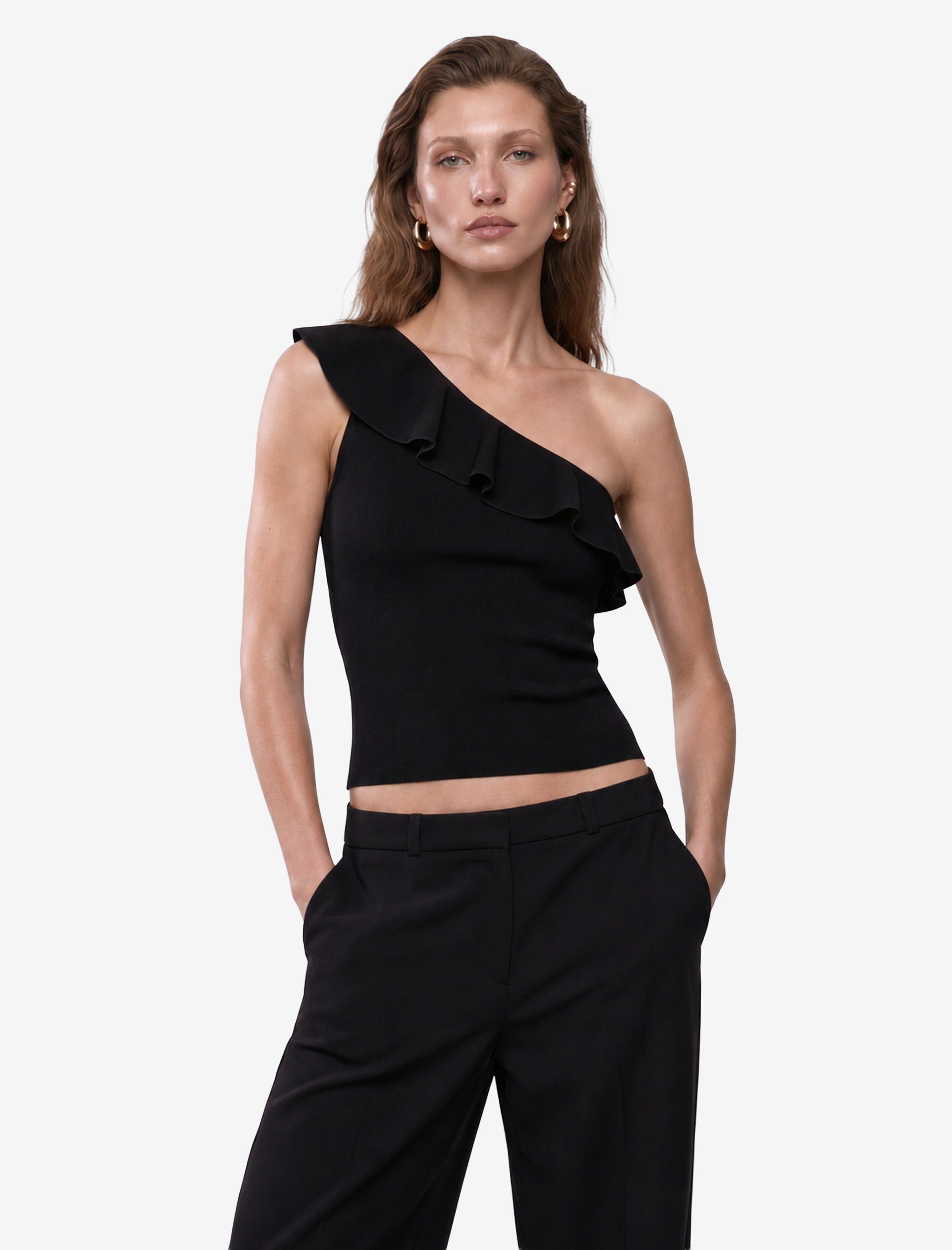   Slim Fit Fırfırlı Kolsuz Fitilli Tek Omuz Bluz