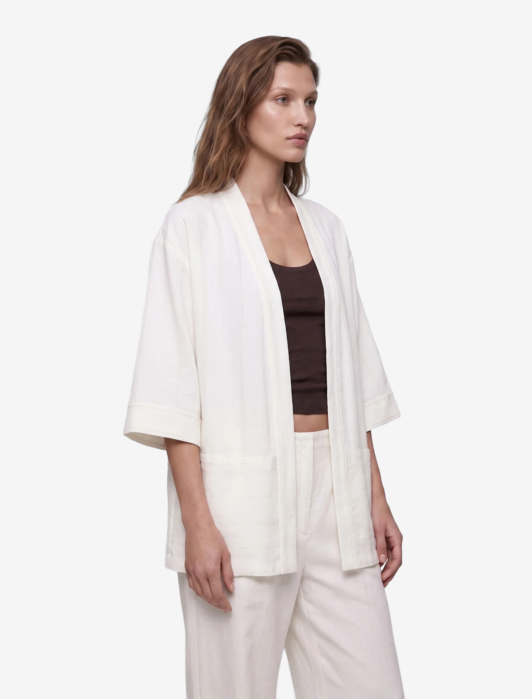  Keten Karışımlı 3/4 Geniş Kol Çizgili Kimono