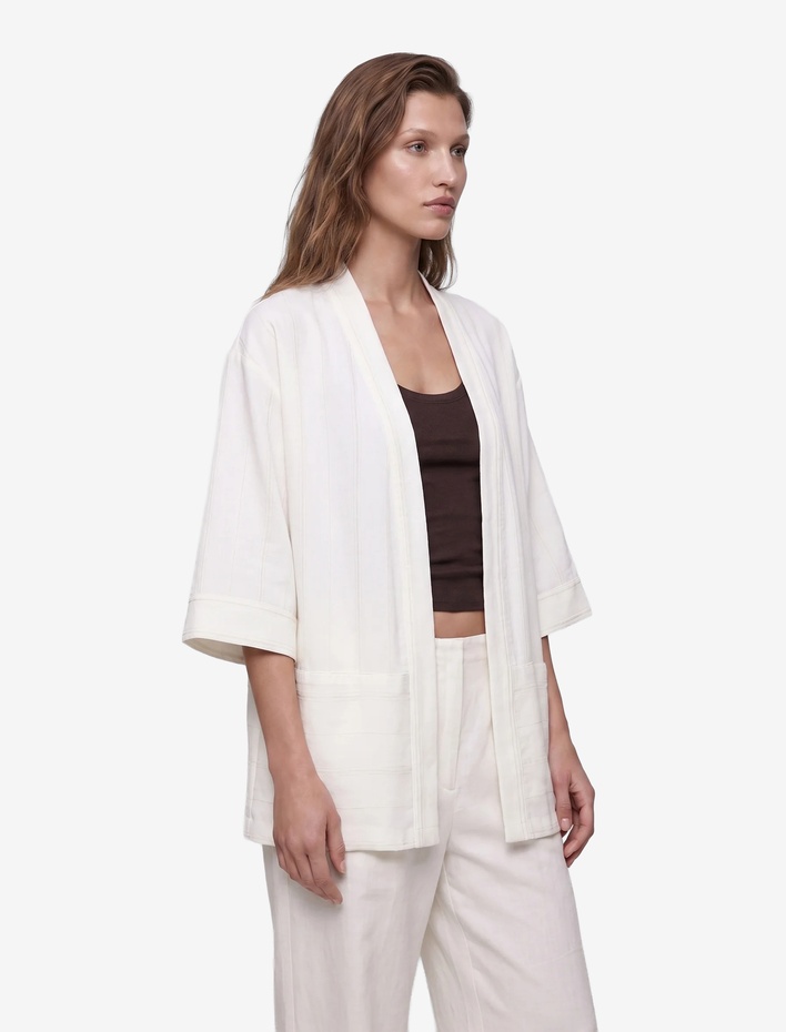  Keten Karışımlı 3/4 Geniş Kol Çizgili Kimono