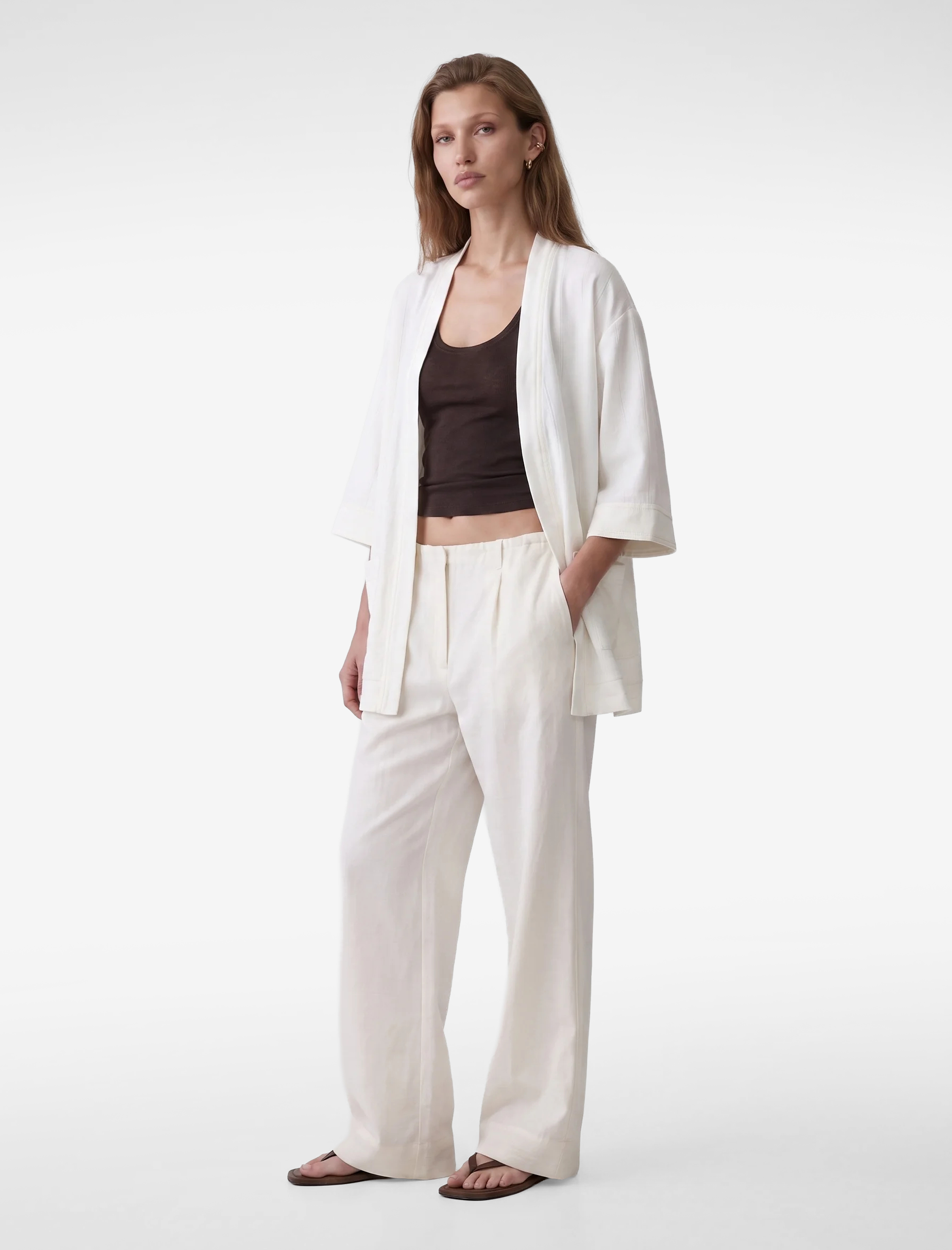   Keten Karışımlı 3/4 Geniş Kol Çizgili Kimono