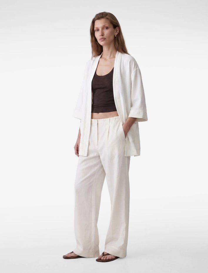  Keten Karışımlı 3/4 Geniş Kol Çizgili Kimono