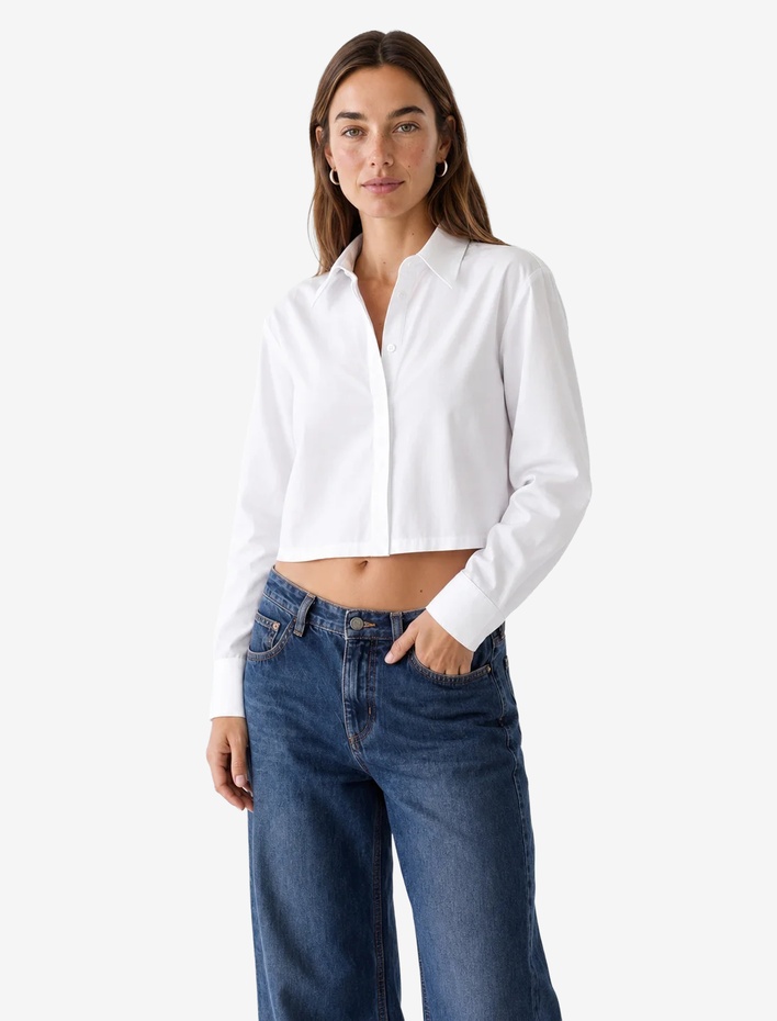 Regular Fit Pamuklu Klasik Yaka Uzun Kollu Crop Gömlek