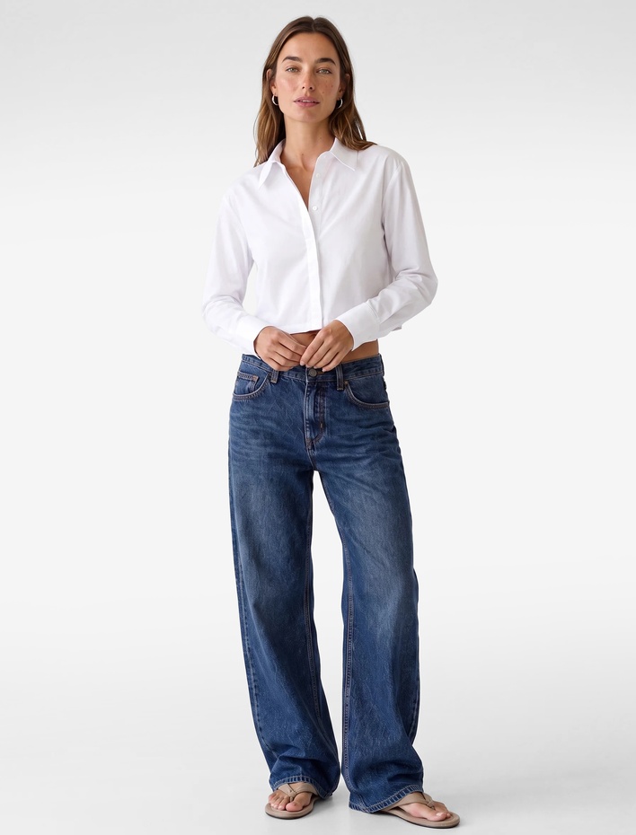  Regular Fit Pamuklu Klasik Yaka Uzun Kollu Crop Gömlek