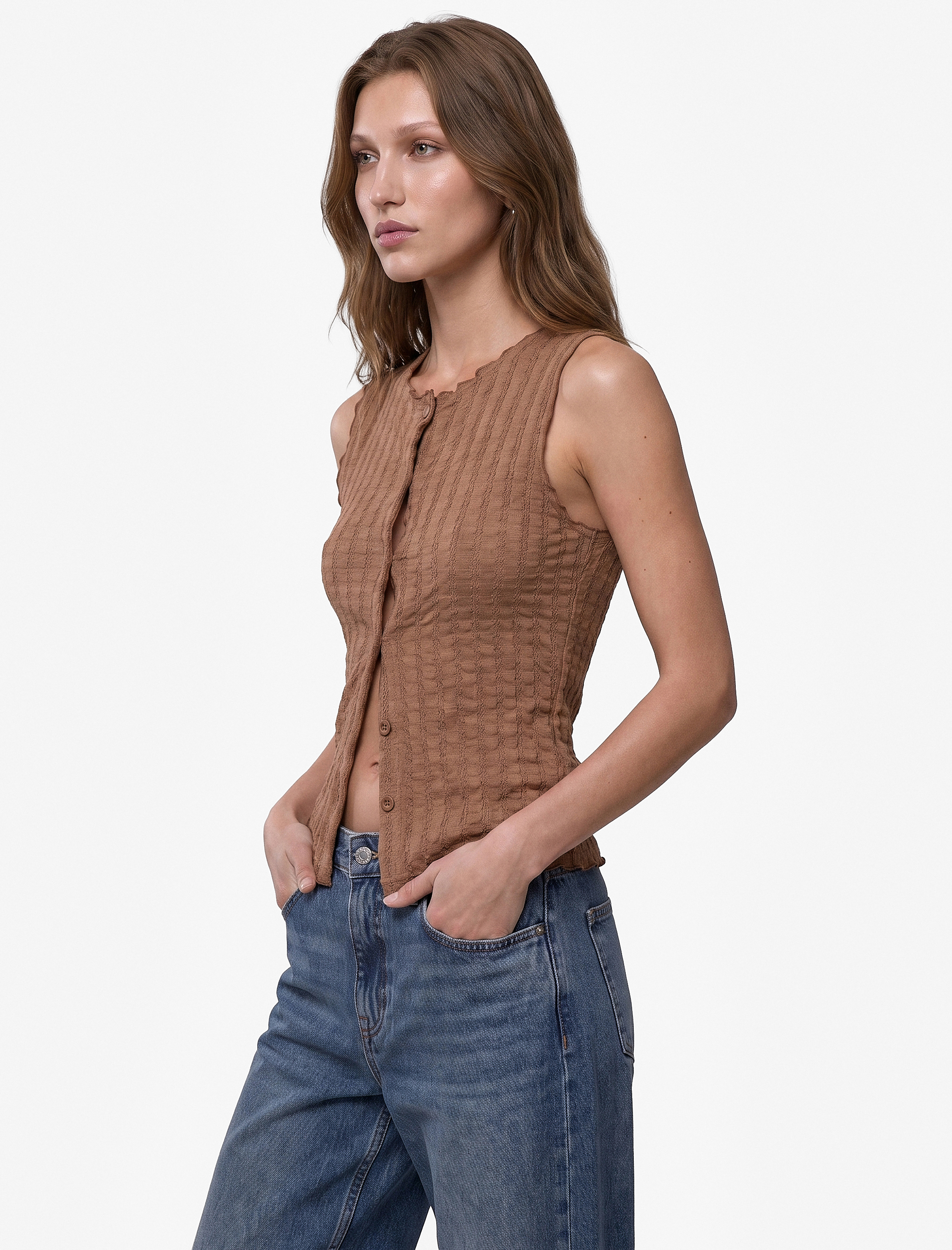   Bürümcük Kumaş Slim Fit Düğmeli Bisiklet Yaka Yelek