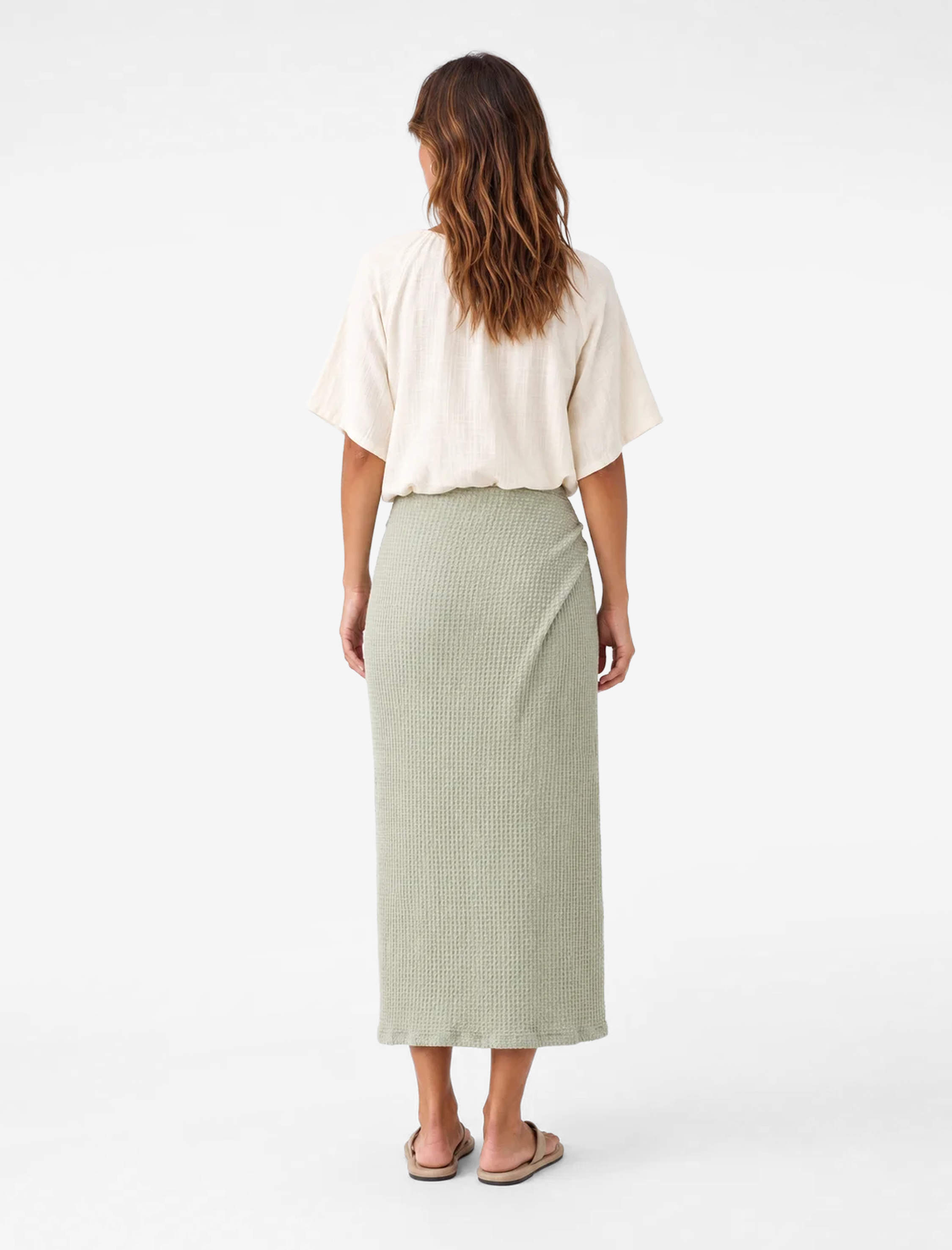   Bürümcük Kumaş Drape Detaylı Dokulu Midi Kalem Etek