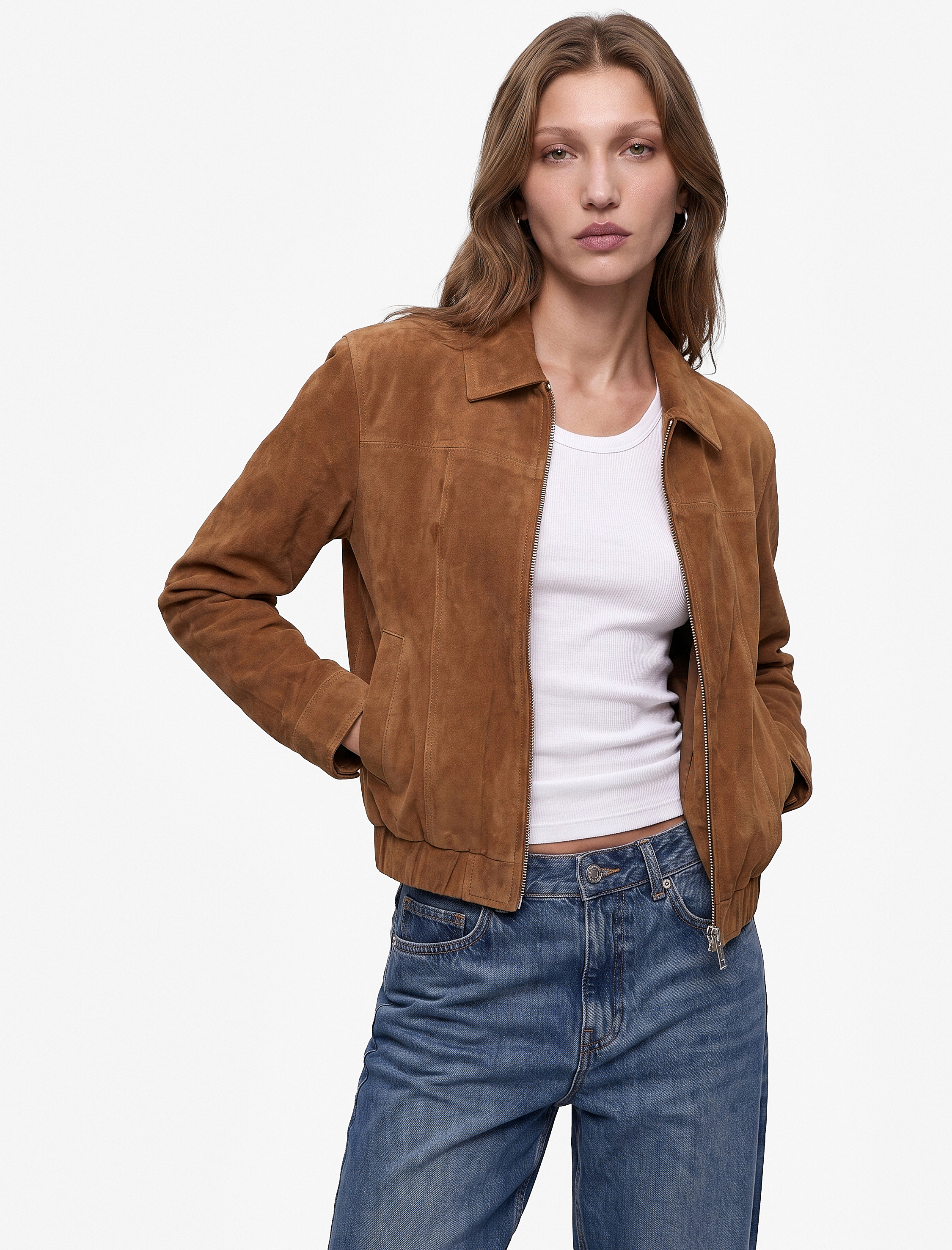   Uzun Kollu Fermuarlı Oversize Suni Süet Bomber Ceket