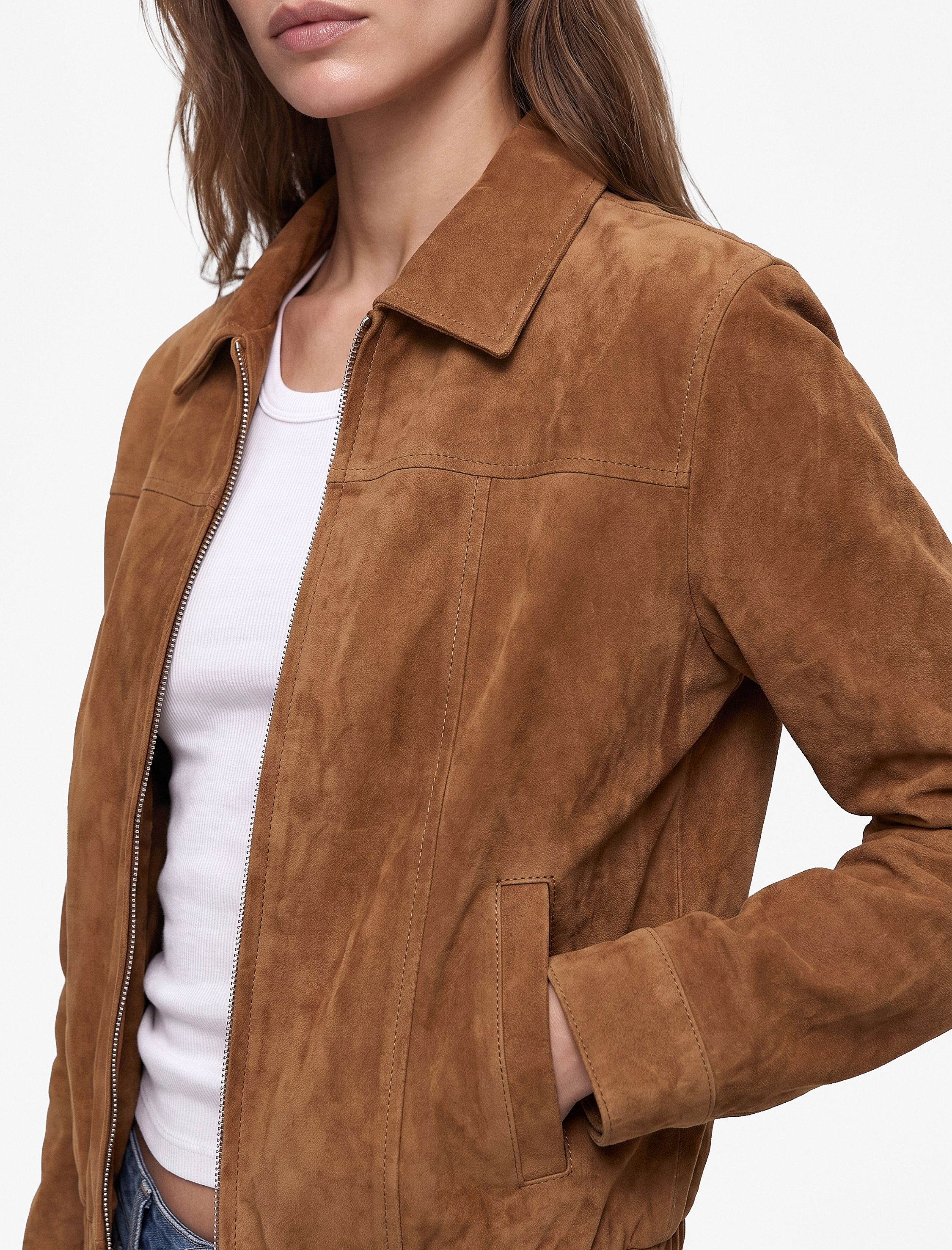   Uzun Kollu Fermuarlı Oversize Suni Süet Bomber Ceket