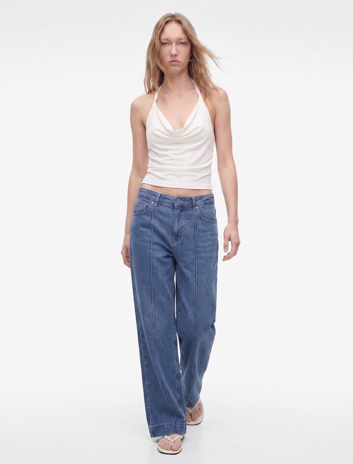  Nervürlü Yüksek Bel Rahat Kalıp Bol Paça Denim Pantolon - Culotte Jeans