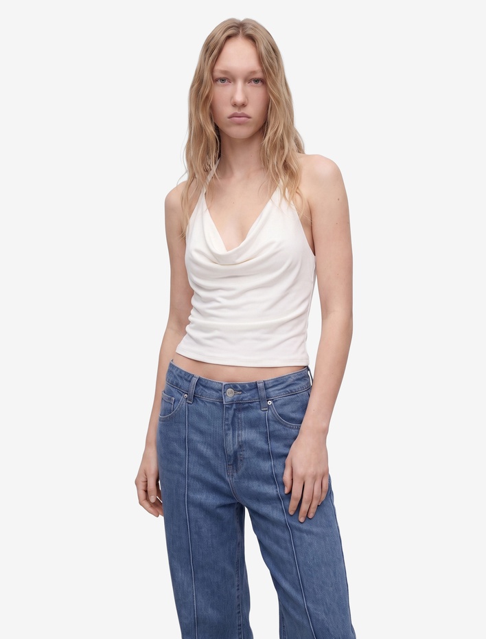  Nervürlü Yüksek Bel Rahat Kalıp Bol Paça Denim Pantolon - Culotte Jeans