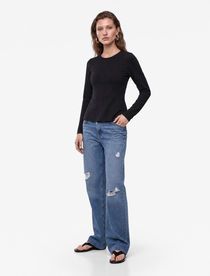  Slim Fit Sandy Kumaş Uzun Kollu Bisiklet Yaka Hafif Peplum Kesim Tişört