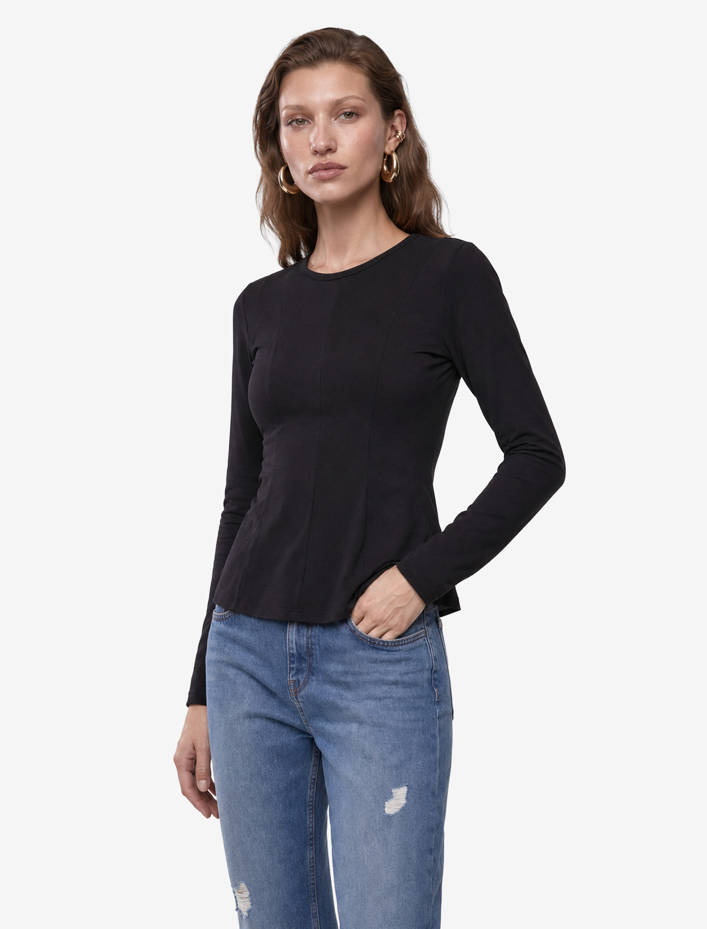   Slim Fit Sandy Kumaş Uzun Kollu Bisiklet Yaka Hafif Peplum Kesim Tişört