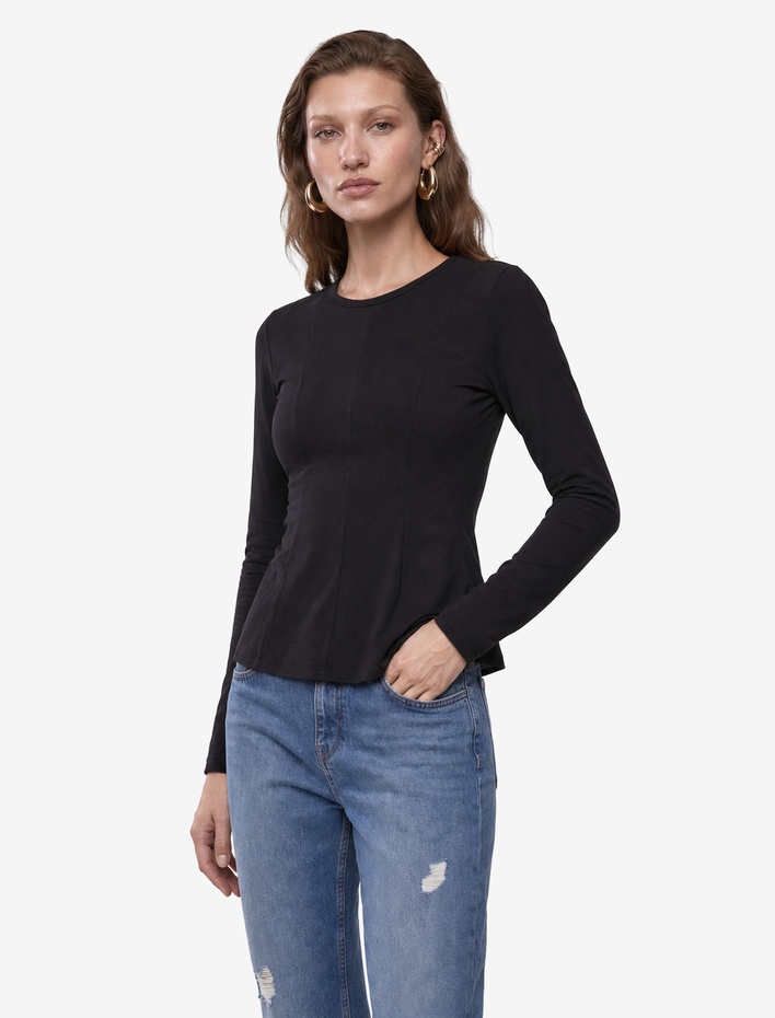  Slim Fit Sandy Kumaş Uzun Kollu Bisiklet Yaka Hafif Peplum Kesim Tişört