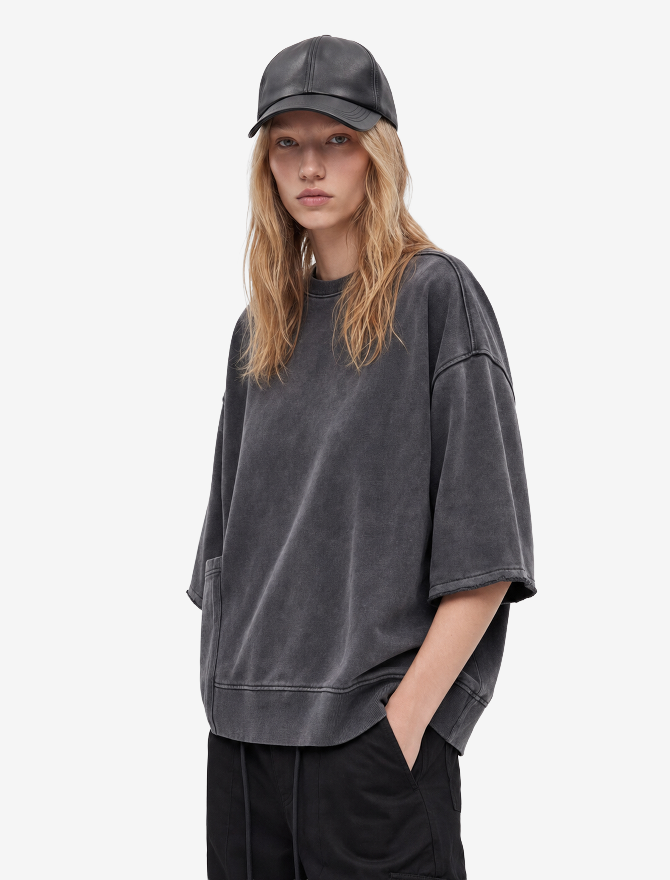   Cep Detaylı Yıkamalı Kısa Kollu Bisiklet Yaka Pamuklu Oversize Sweatshirt